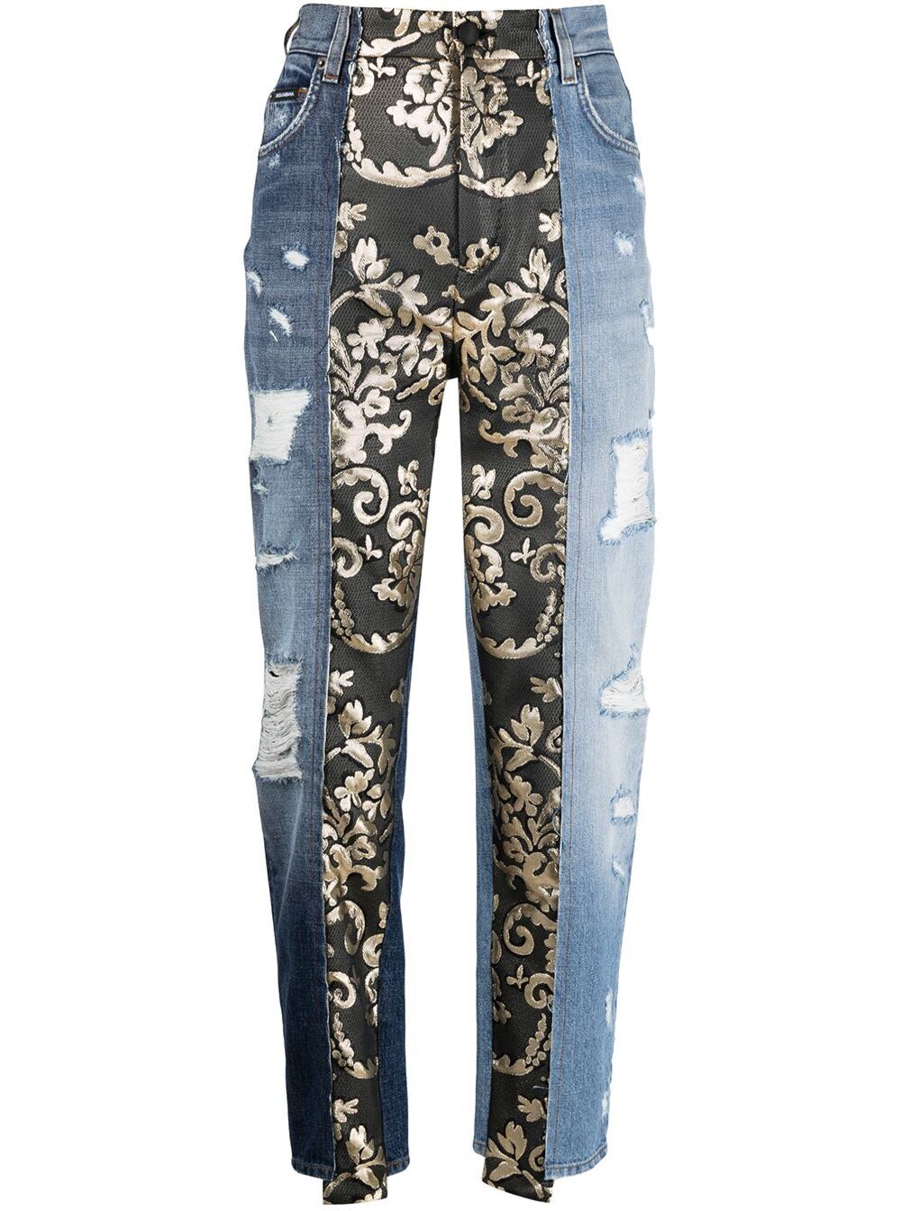 DOLCE & GABBANA RIPPED JEANS WITH CONTRASTING JACQUARD INSERTS,FTB2NDG900LS9000