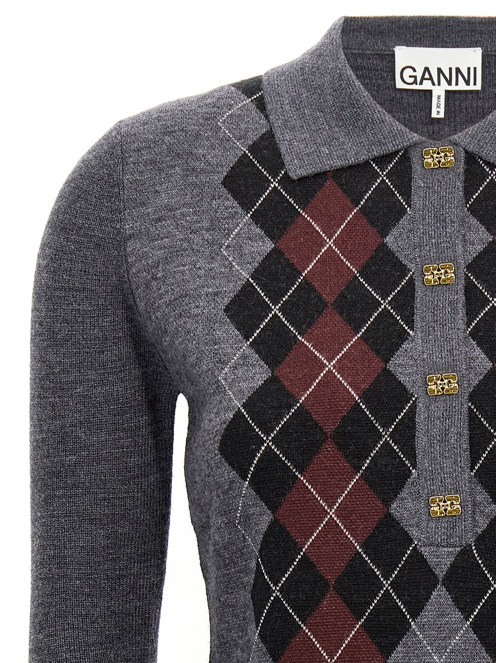 Ganni Grey Sweater With Classic Collar And Check Motif On The Front In Wool Woman In Gray