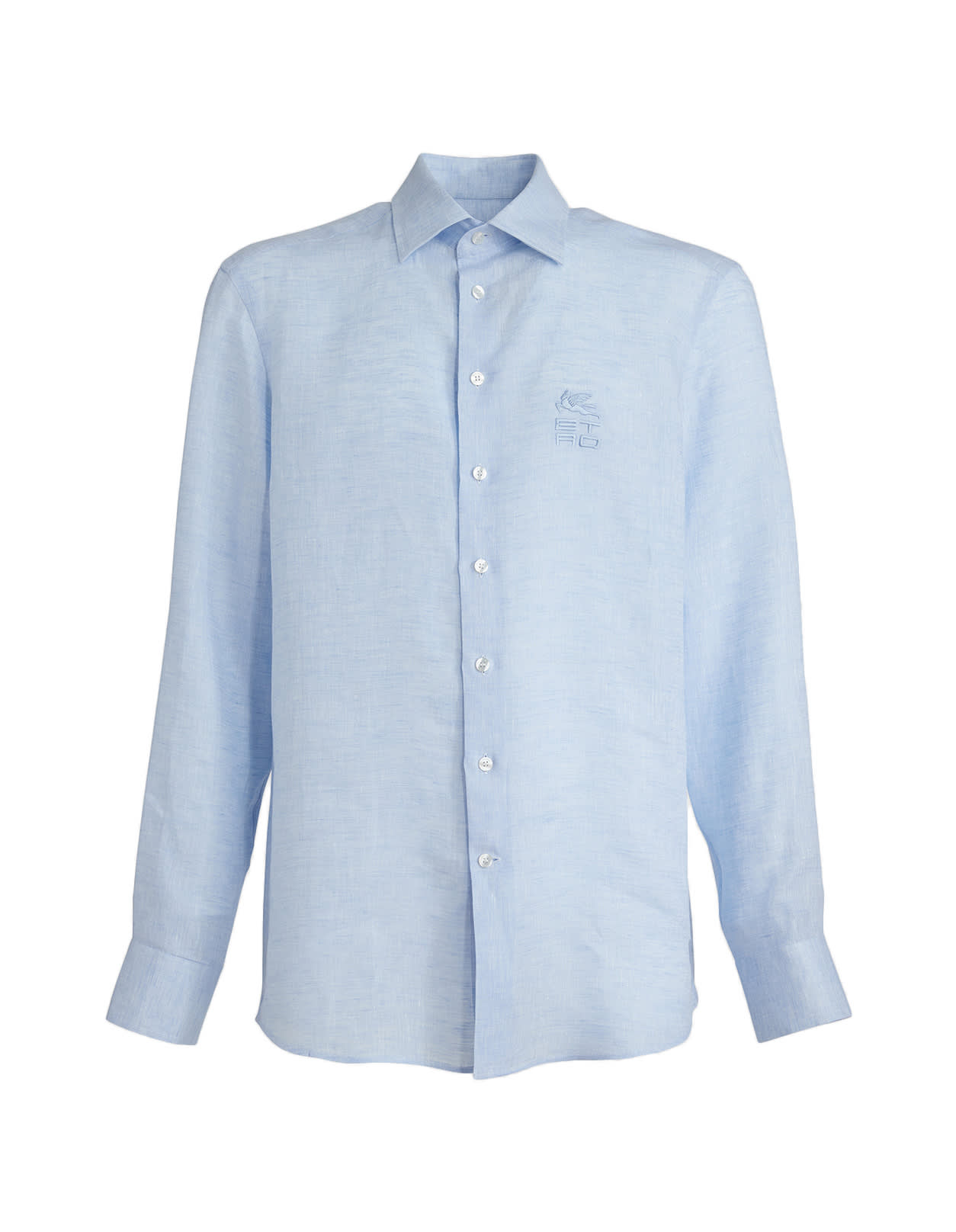 Man Shirt In Light Blue Linen With Embroidered Etro Cube Logo