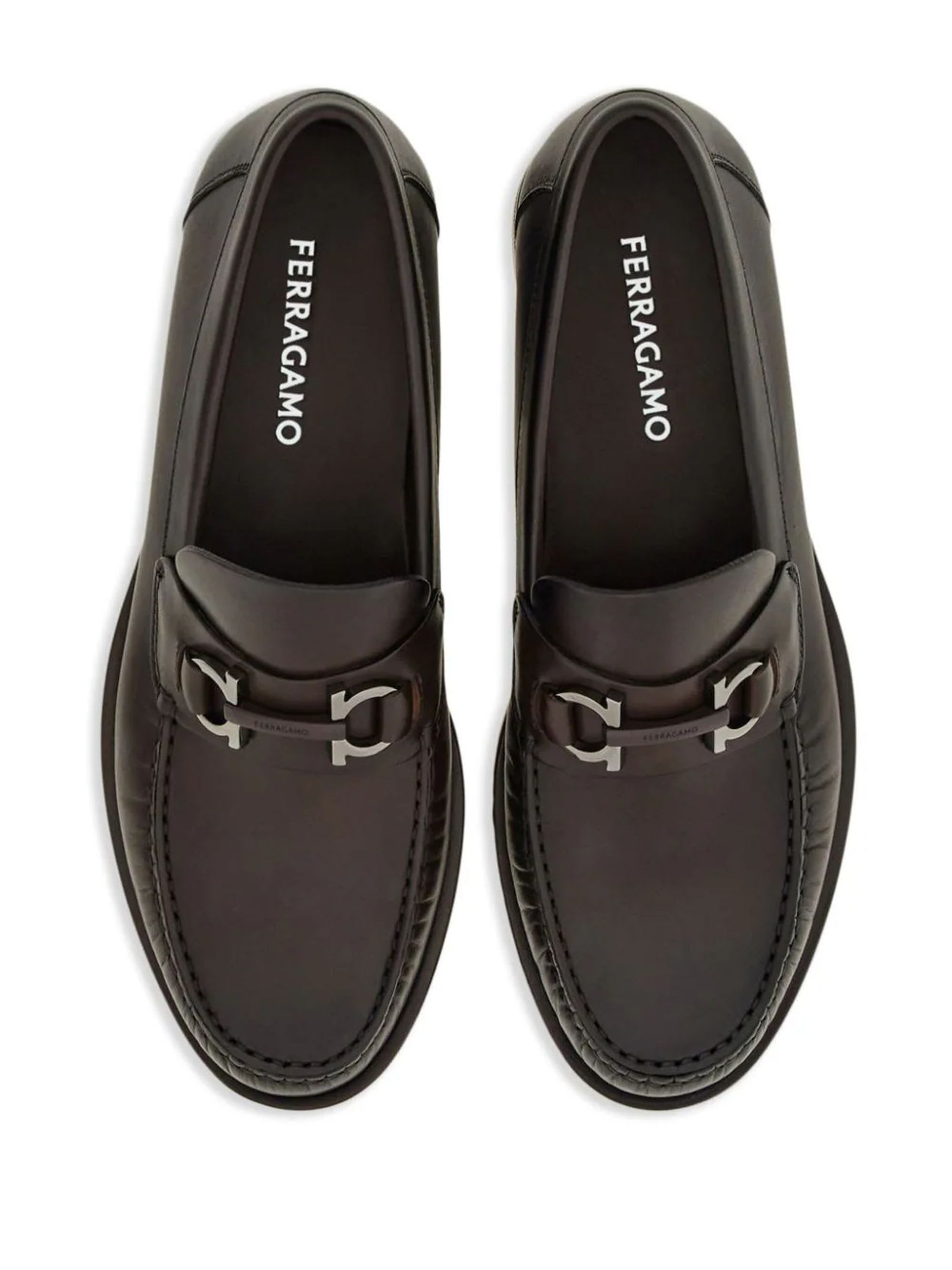 Shop Ferragamo Brown Calf Leather Gancini Loafers