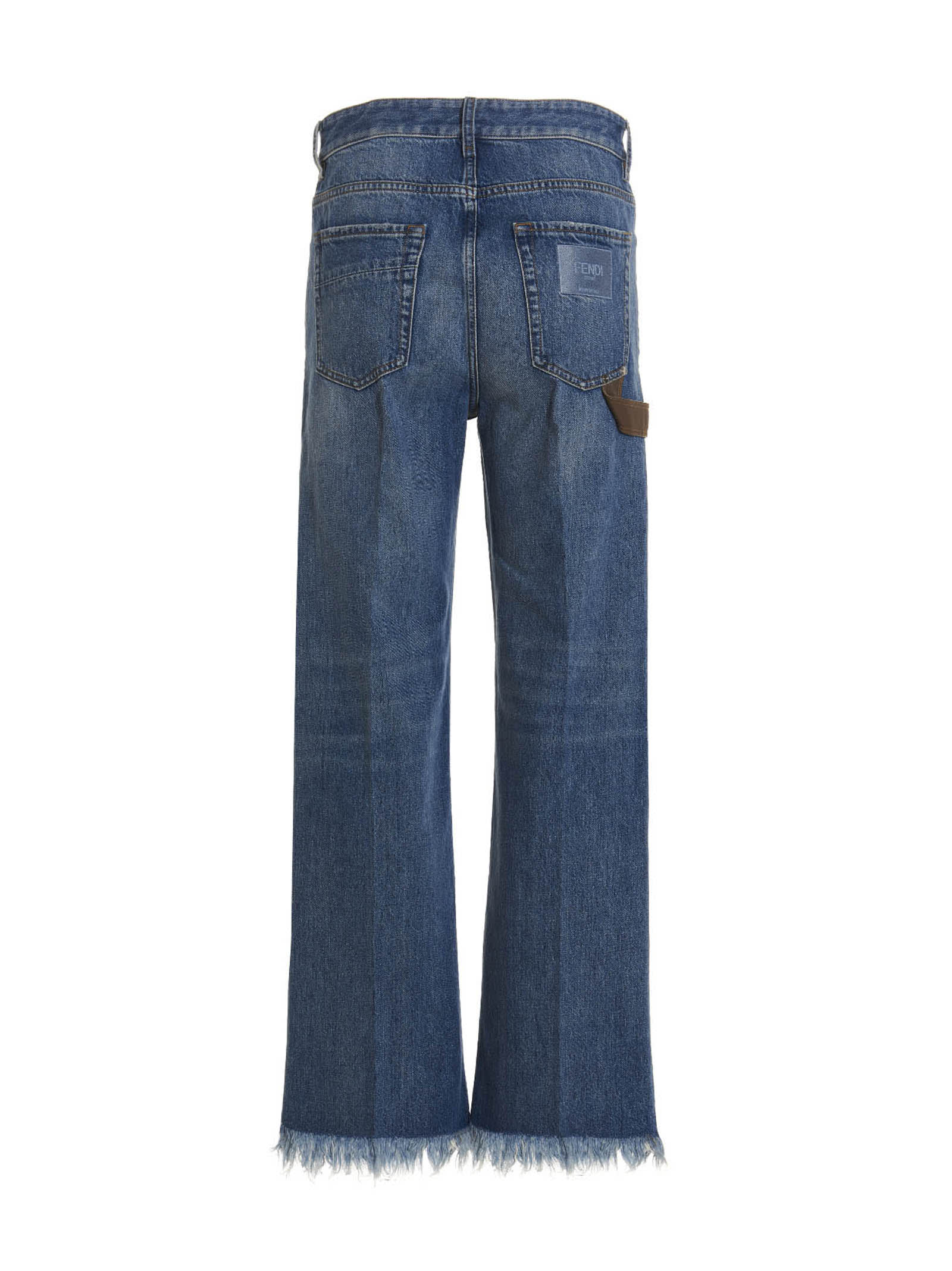 Shop Fendi Leather Detail Jeans In Light Blue