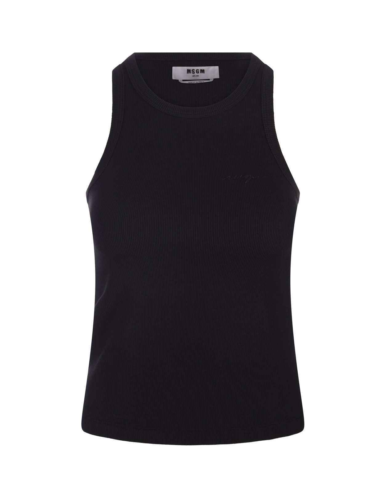 Shop Msgm Black Ribbed Tank Top With  Signature