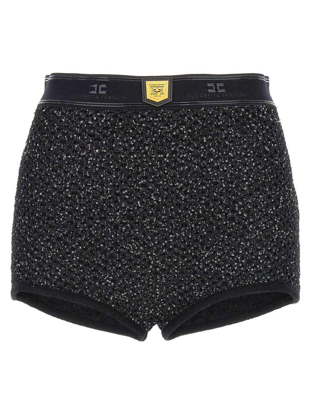 Shop Elisabetta Franchi Logo Plaque Sequin-embellished Shorts In Black