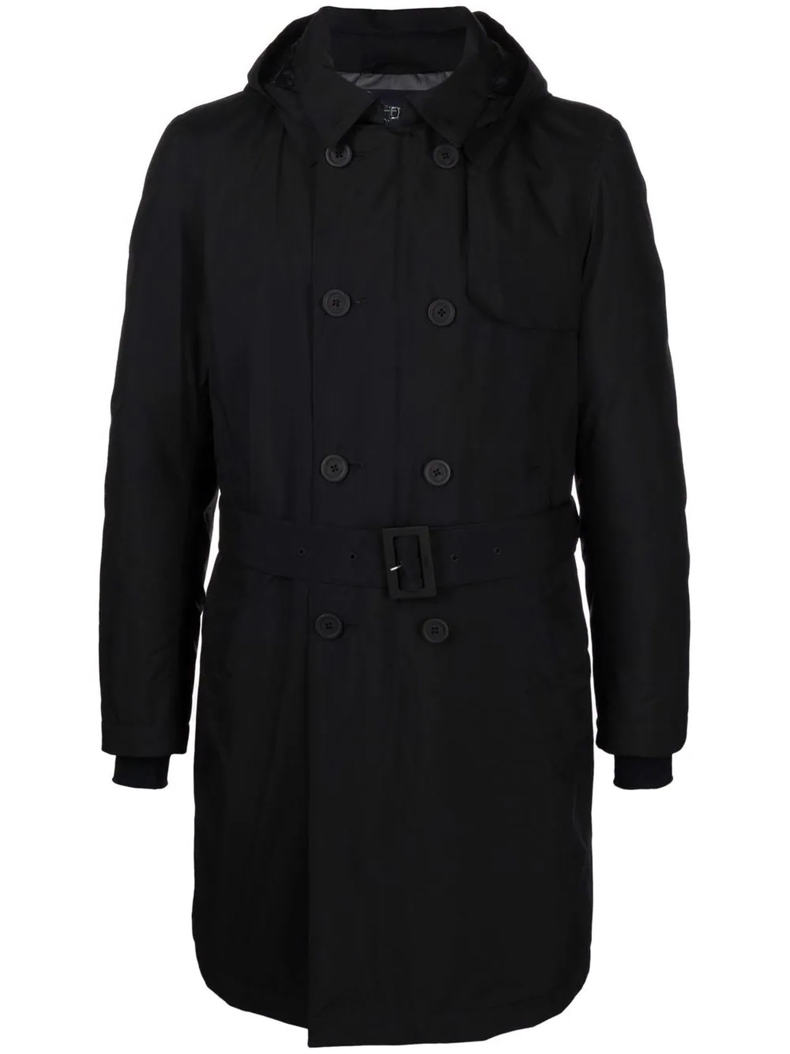 Herno Black Double-breasted Hooded Coat