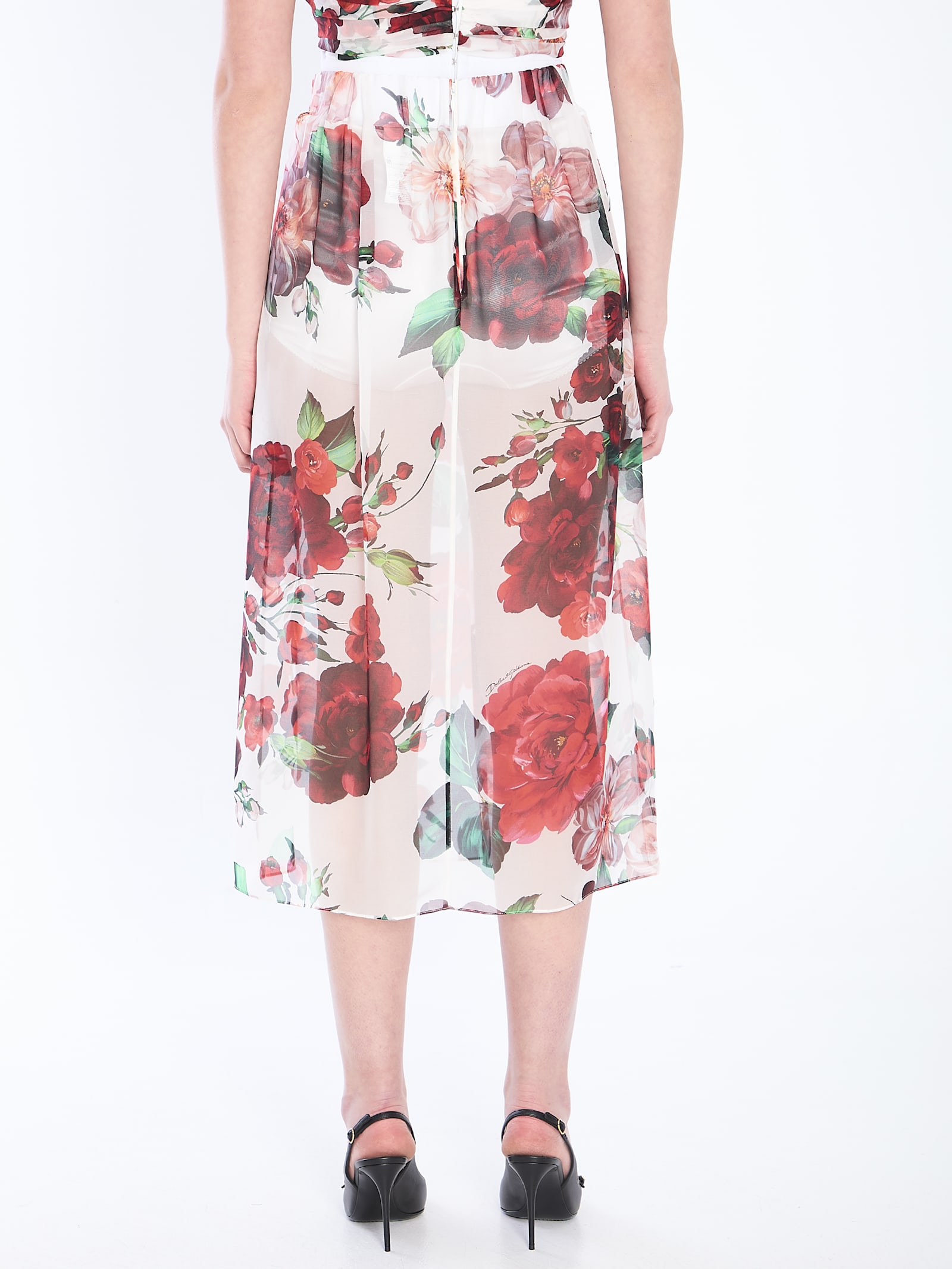 Dolce & Gabbana Multicolor Skirt With All-over Floral Motif In Silk Woman In White