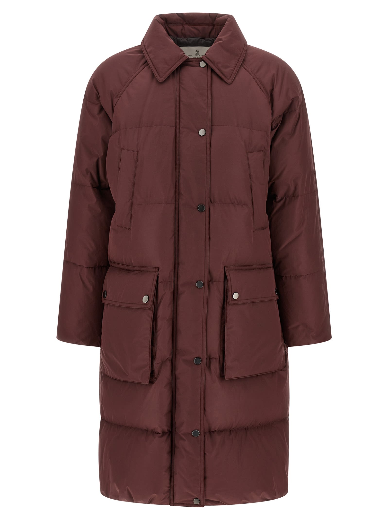 Brunello Cucinelli Shiny Zipper Pull Puffer Jackets Bordeaux In Brown
