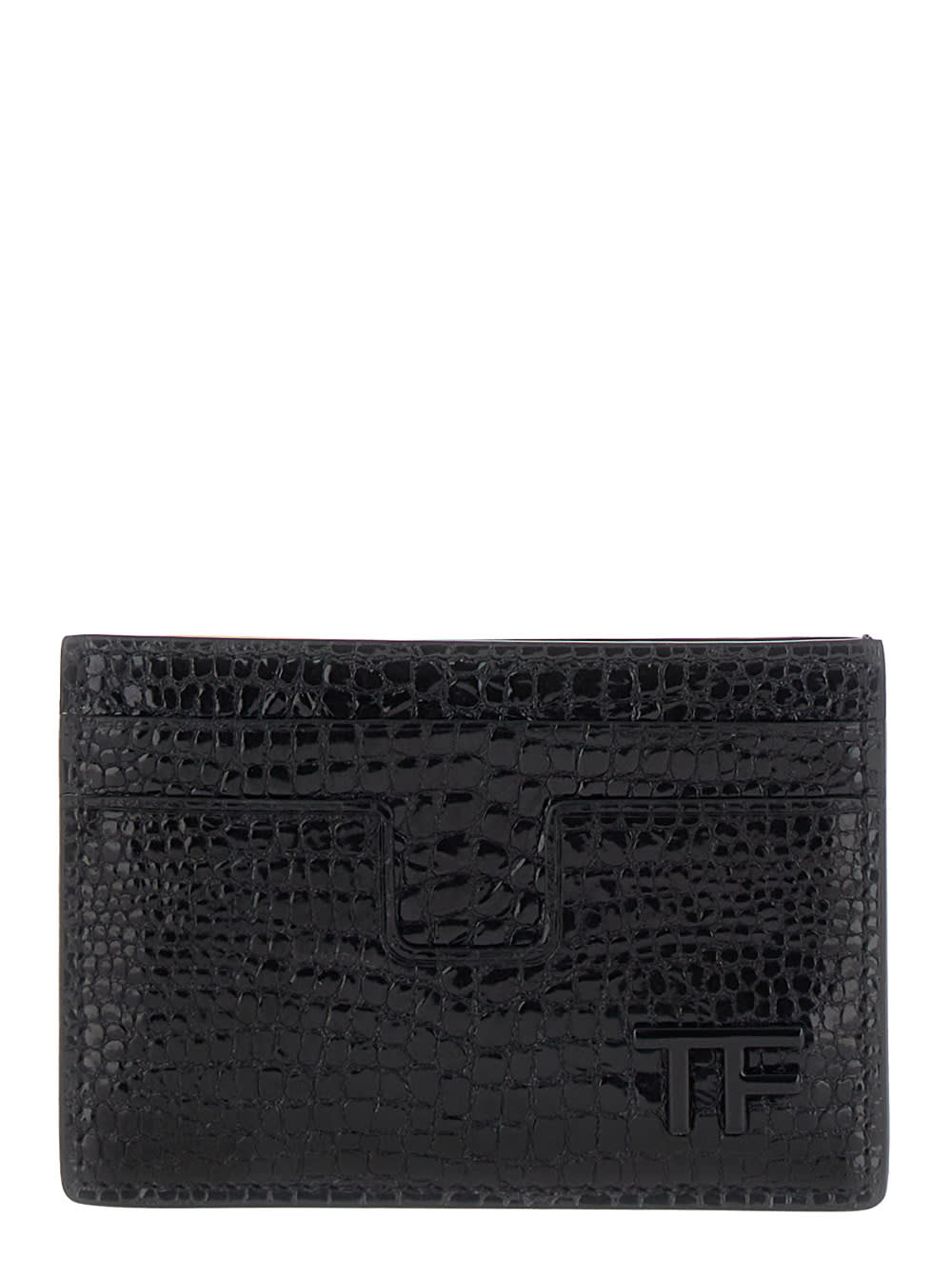 Tom Ford Black Card-holder With Tf Logo Detail In Croco Printed Leather Man