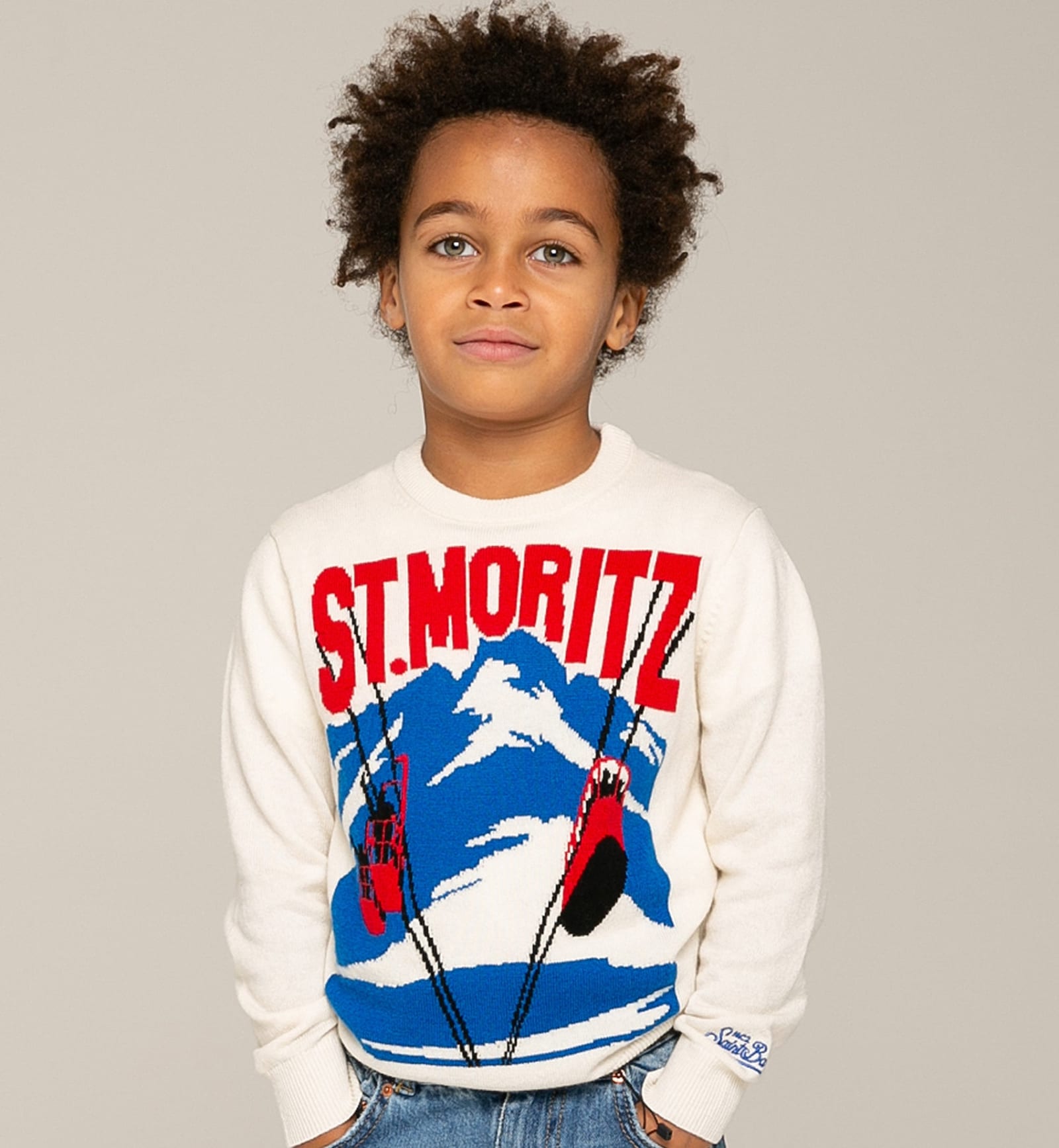 Mc2 Saint Barth Kids' Boy Sweater With St. Moritz Jacquard Print In White
