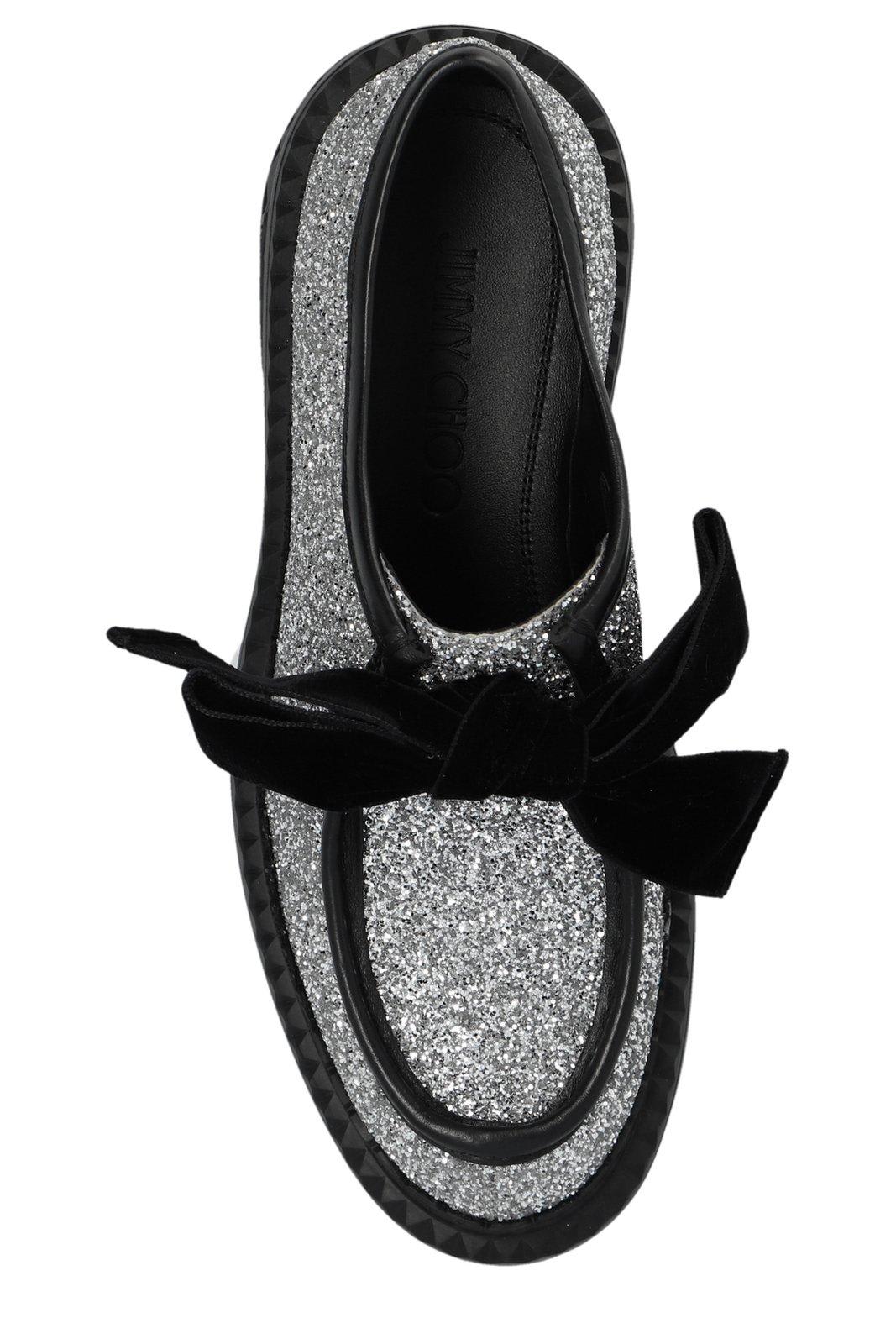 Shop Jimmy Choo Marlow Glittered Velvet Bow Loafers In Silver