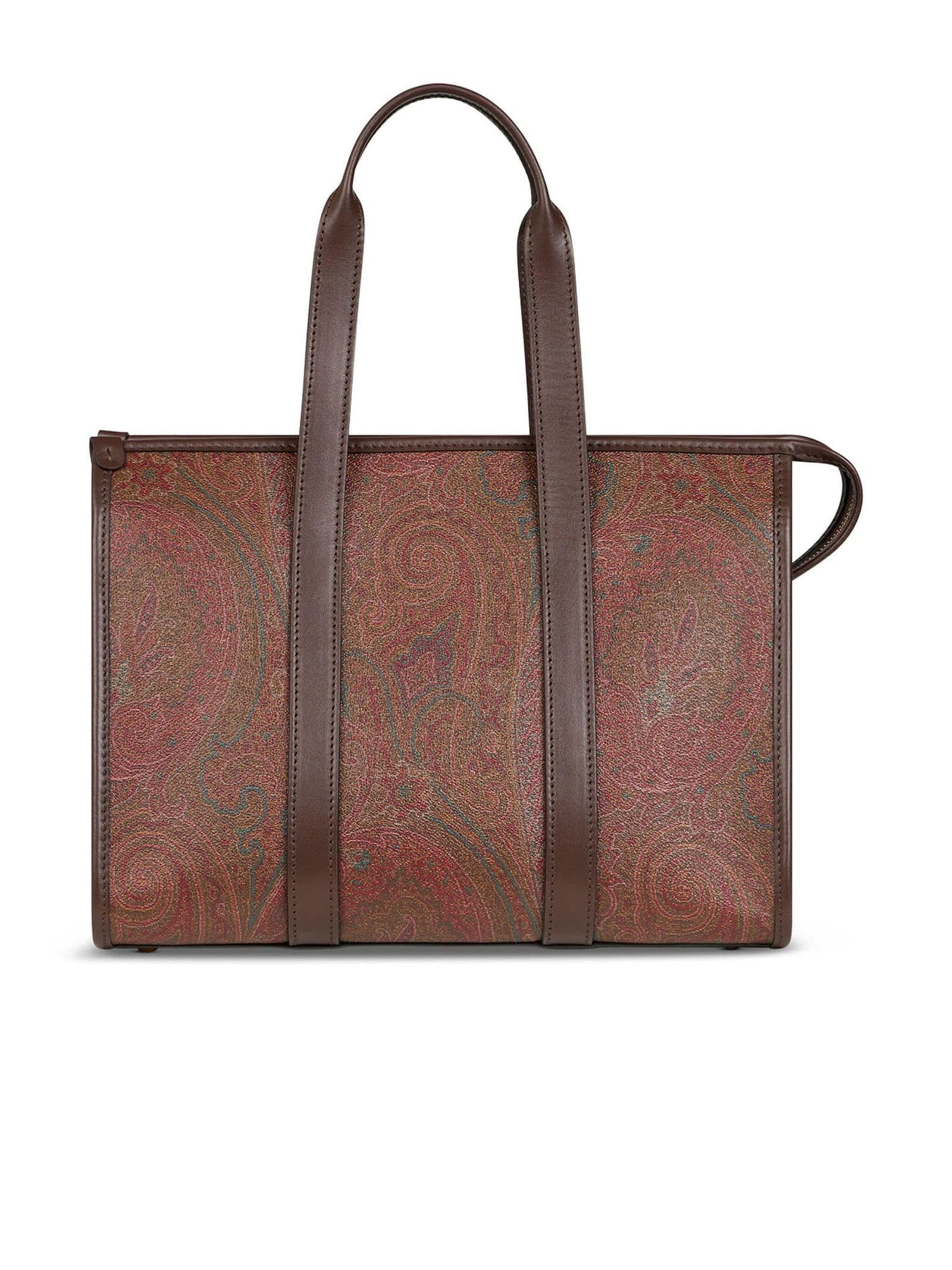 Shop Etro Medium Handle Bag Paisley Jacquard Fabric In Brown