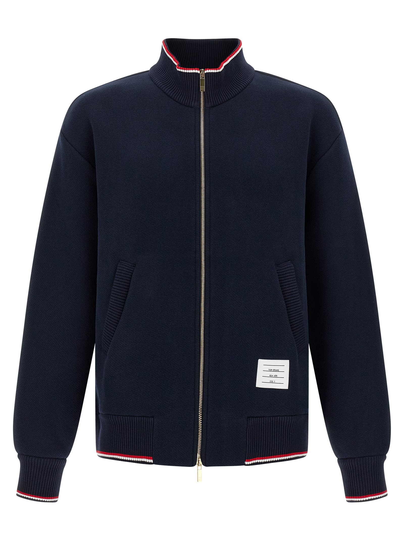 Thom Browne Chunky Loopback Jacket With Rwb Tipping Stripe In Blue