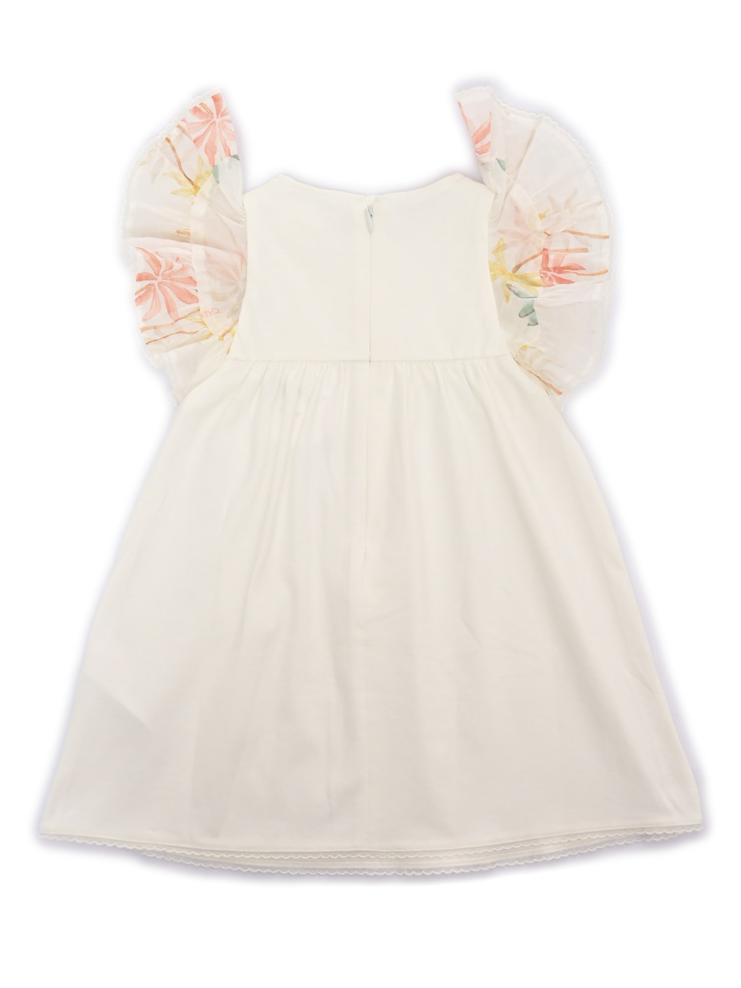Chloé Short Sleeves Dress In 100% Organic Cotton Interlock. Ruffled Sleeves In 100% Organic Cotton Veil Wi In White