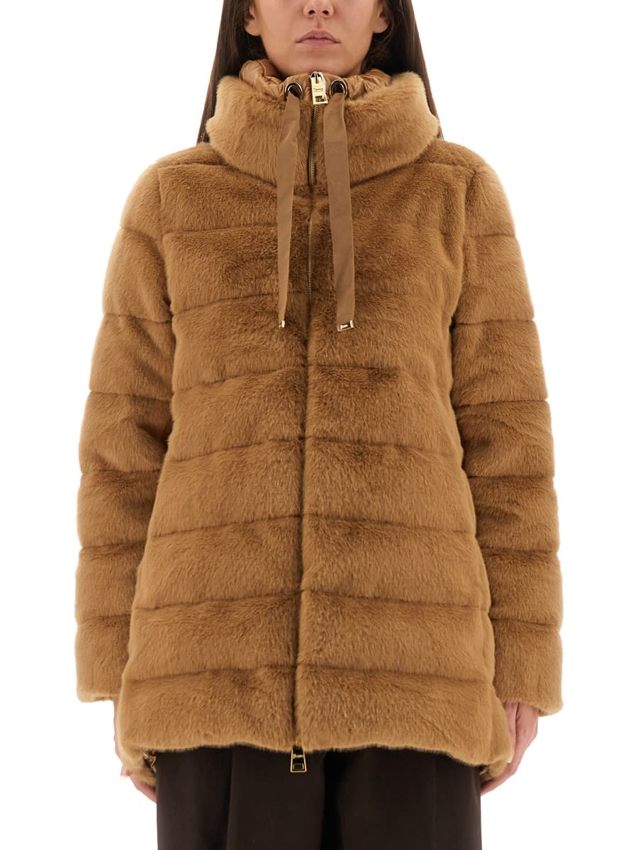 Herno Faux Fur Down Coat With High Collar In Brown