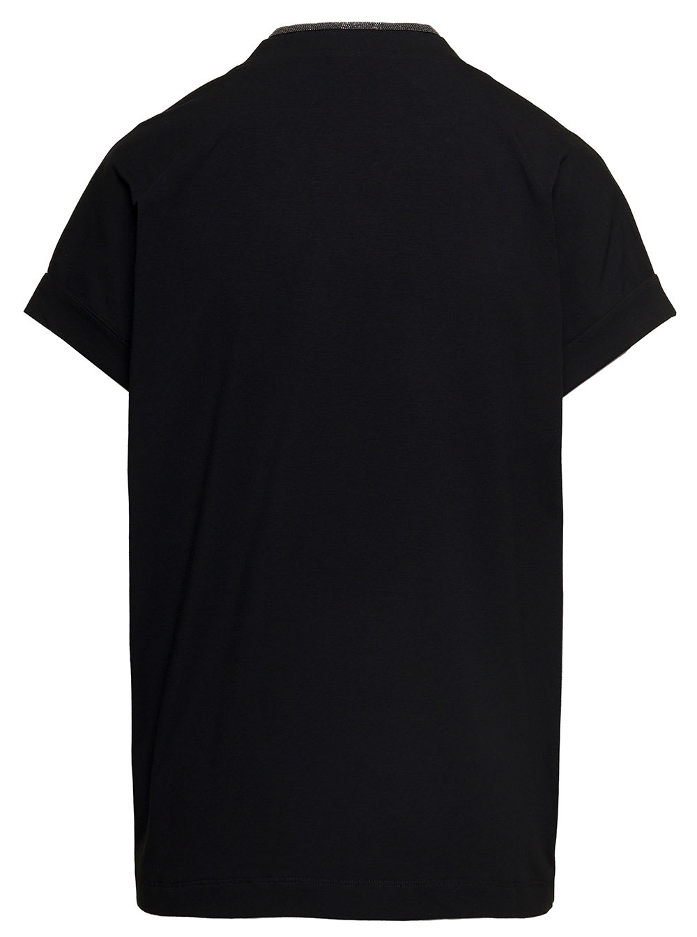 Shop Brunello Cucinelli Black V-neck T-shirt With Monile Detail In Stretch Cotton Woman