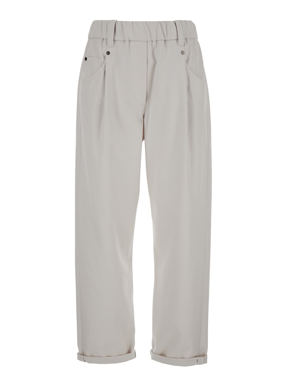 Shop Brunello Cucinelli White Pants With Elastic Waistband And Cuffs In Stretch Cotton Woman