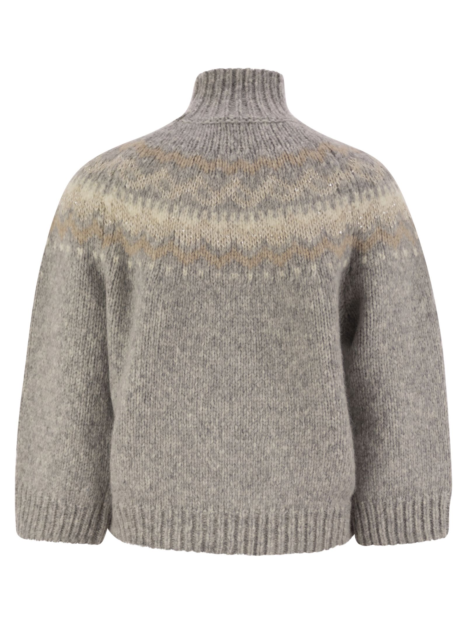 Shop Peserico Jacquard High Neck Sweater In Alpaca, Wool And Micropaillettes In Grey