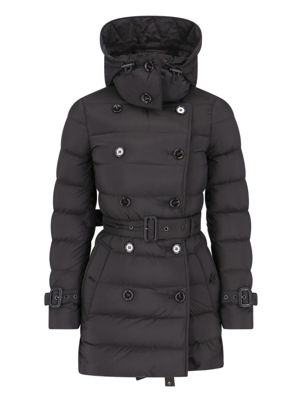 Long Black Belted Down Jacket With Removable Hood In Nylon Woman