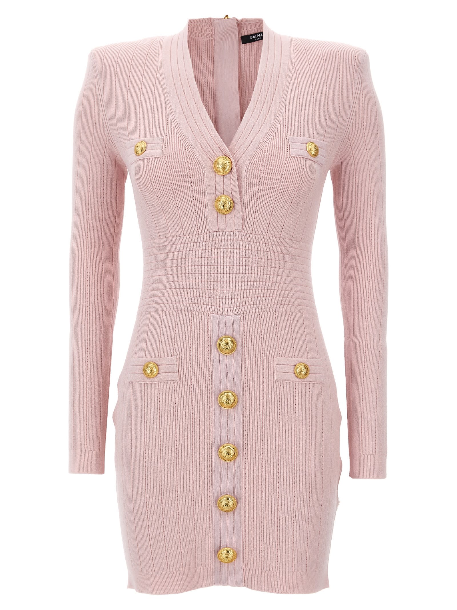 Shop Balmain Logo Button Dress In Pink