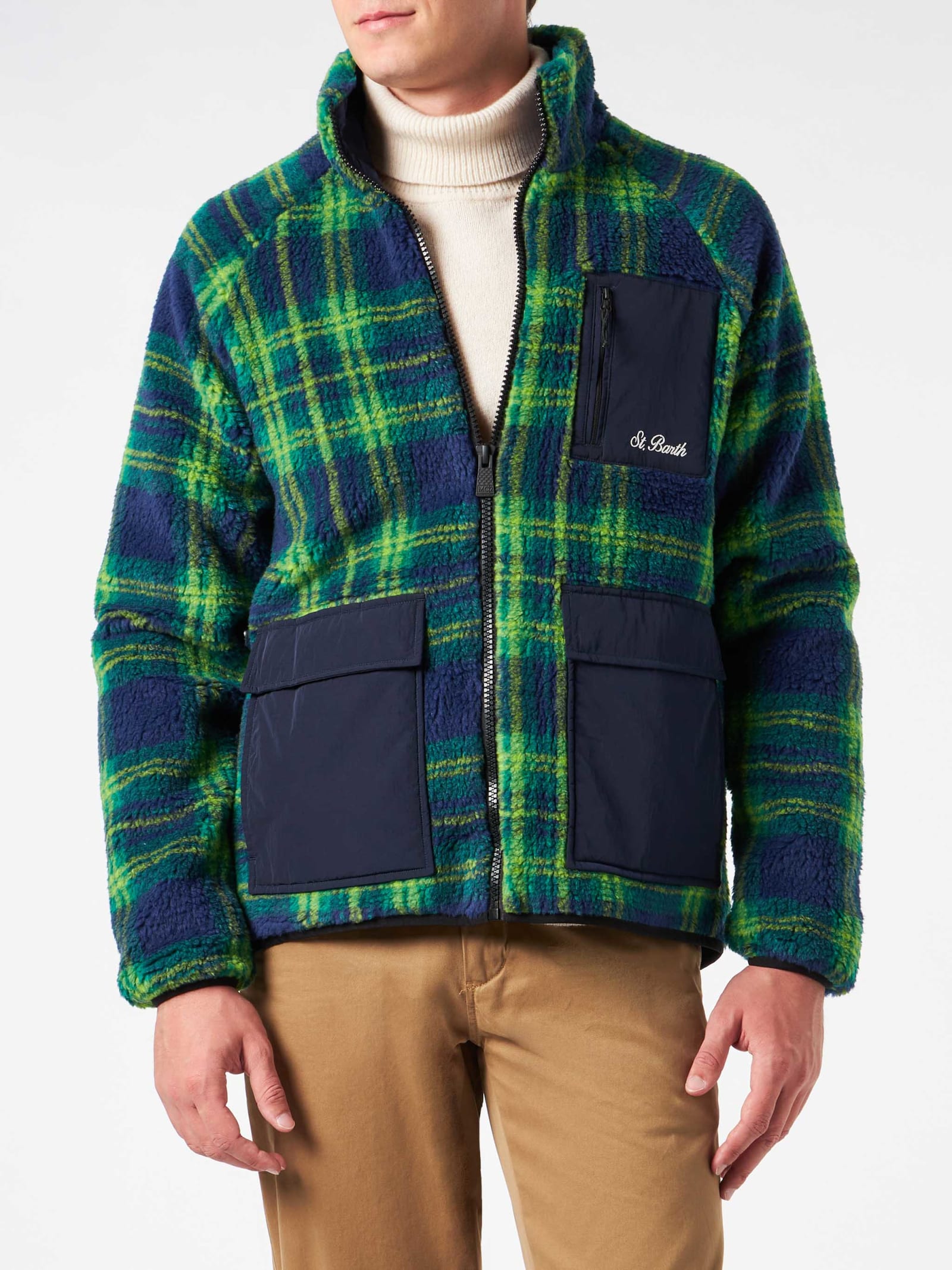 Shop Mc2 Saint Barth Man Sherpa Jacket With Tartan Print In Blue