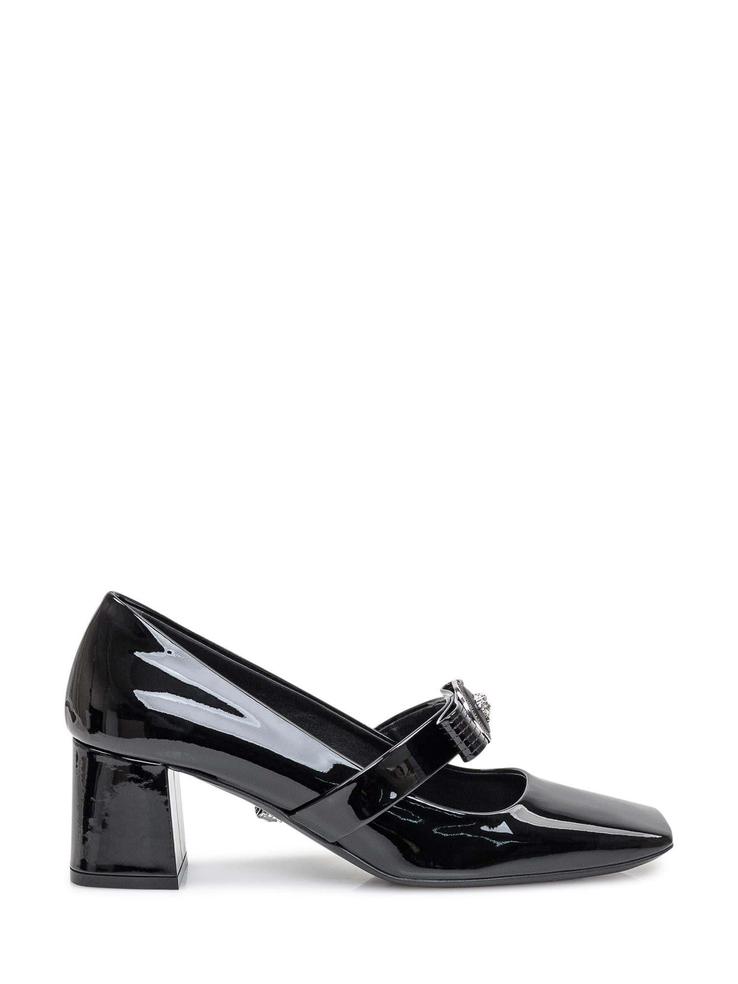 Shop Versace Dècollettè Wide Heel In Black-palladium