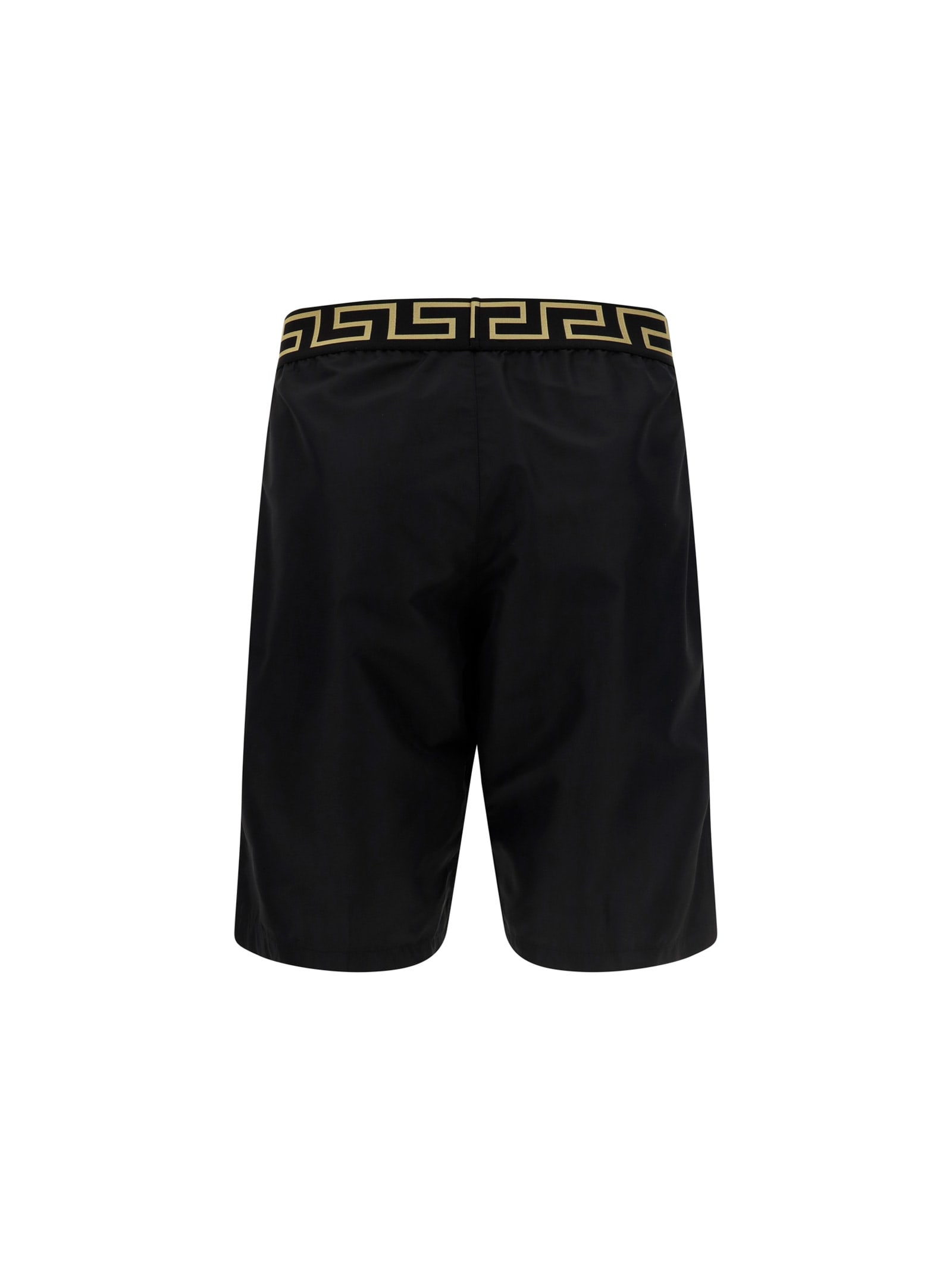 Versace Black Swim Trunks With Greca And Medusa Head Print On Elastic Waistband In Nylon Man In Nero Greca Oro