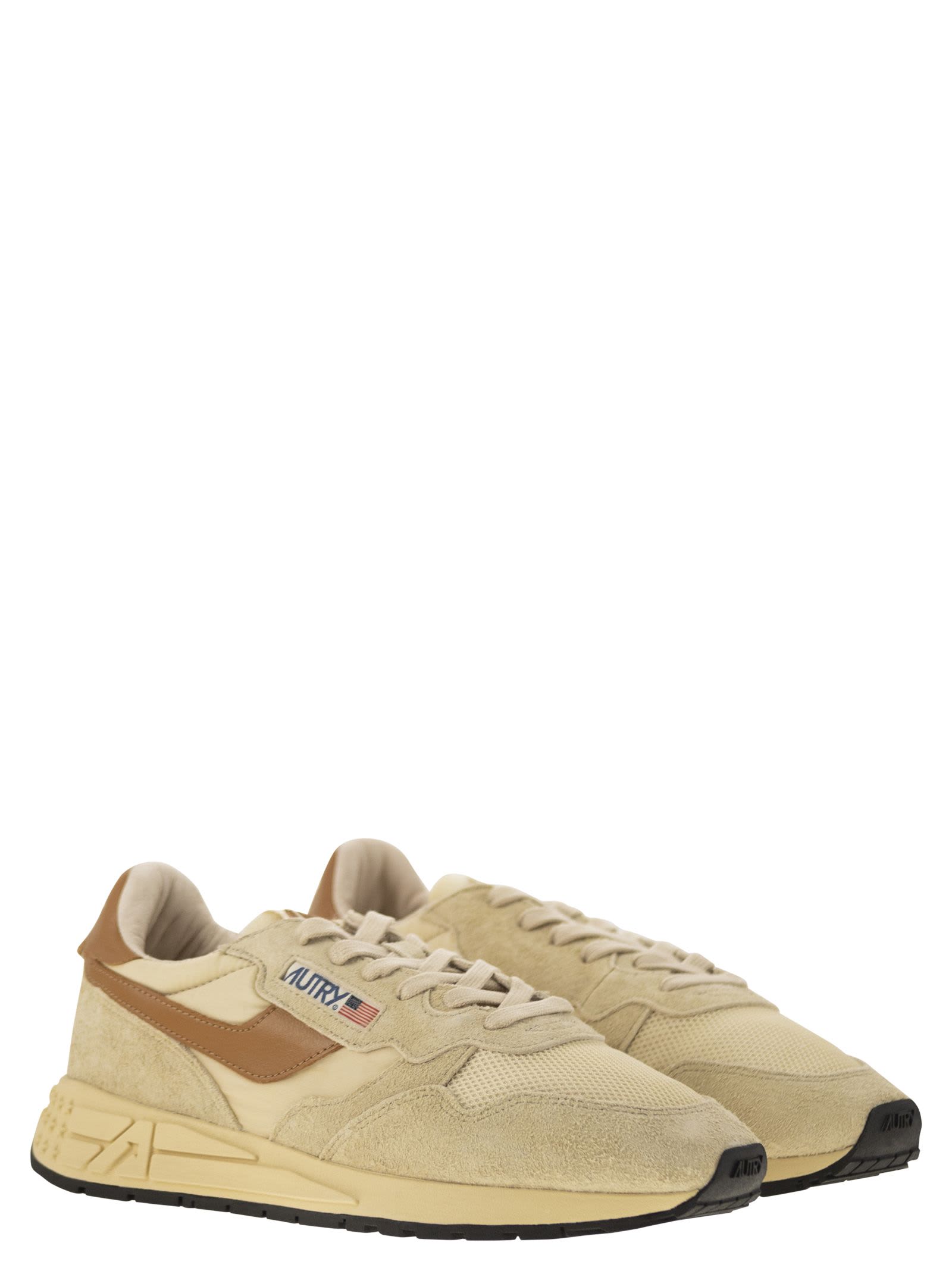 Autry Reelwind Suede And Technical Textile Trainer In Beige/brown