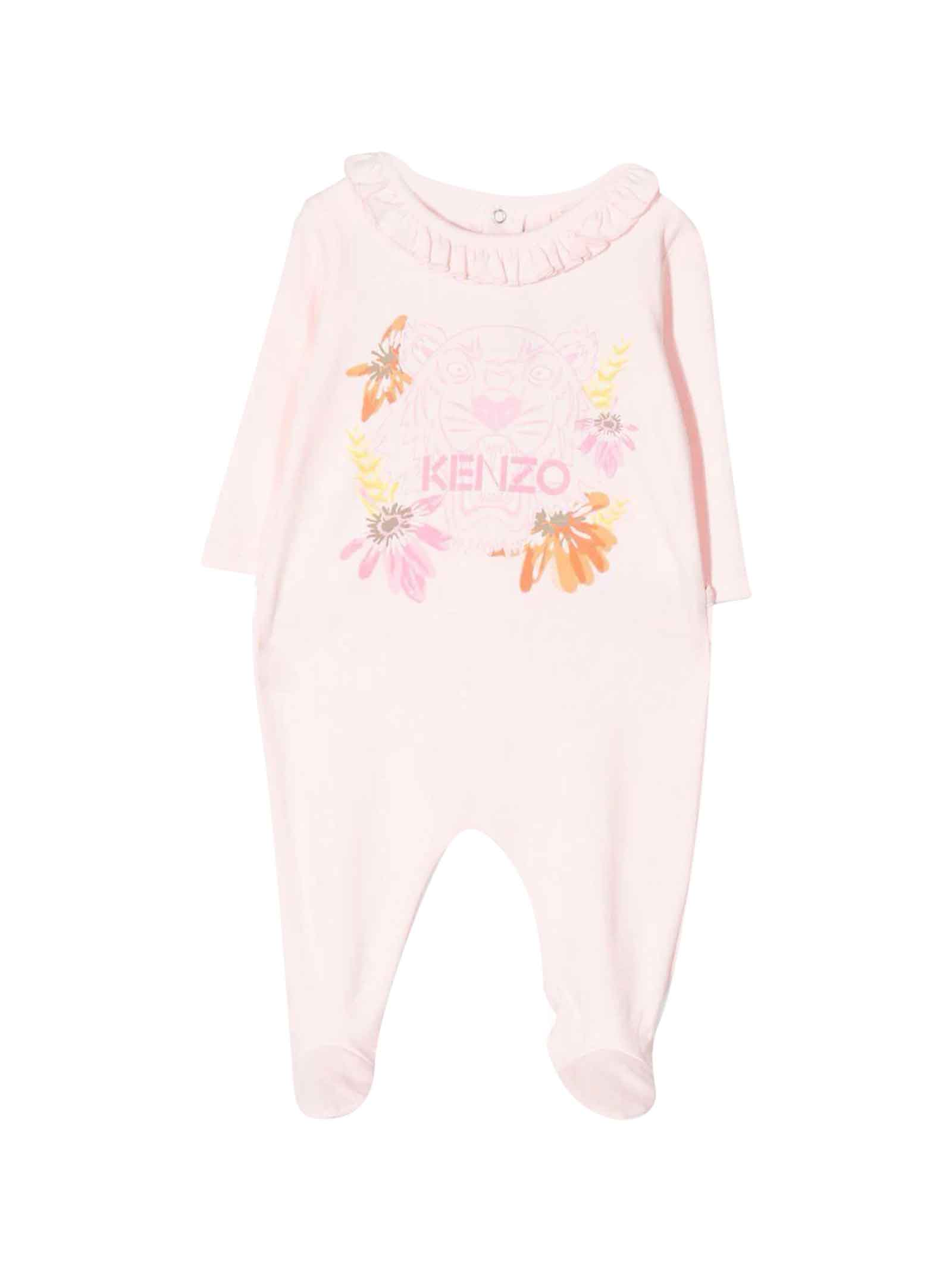 Kenzo Kids Pink Baby Girl Romper With Floral Print, Flounced Collar, Long Sleeves And Back Button Closure By.