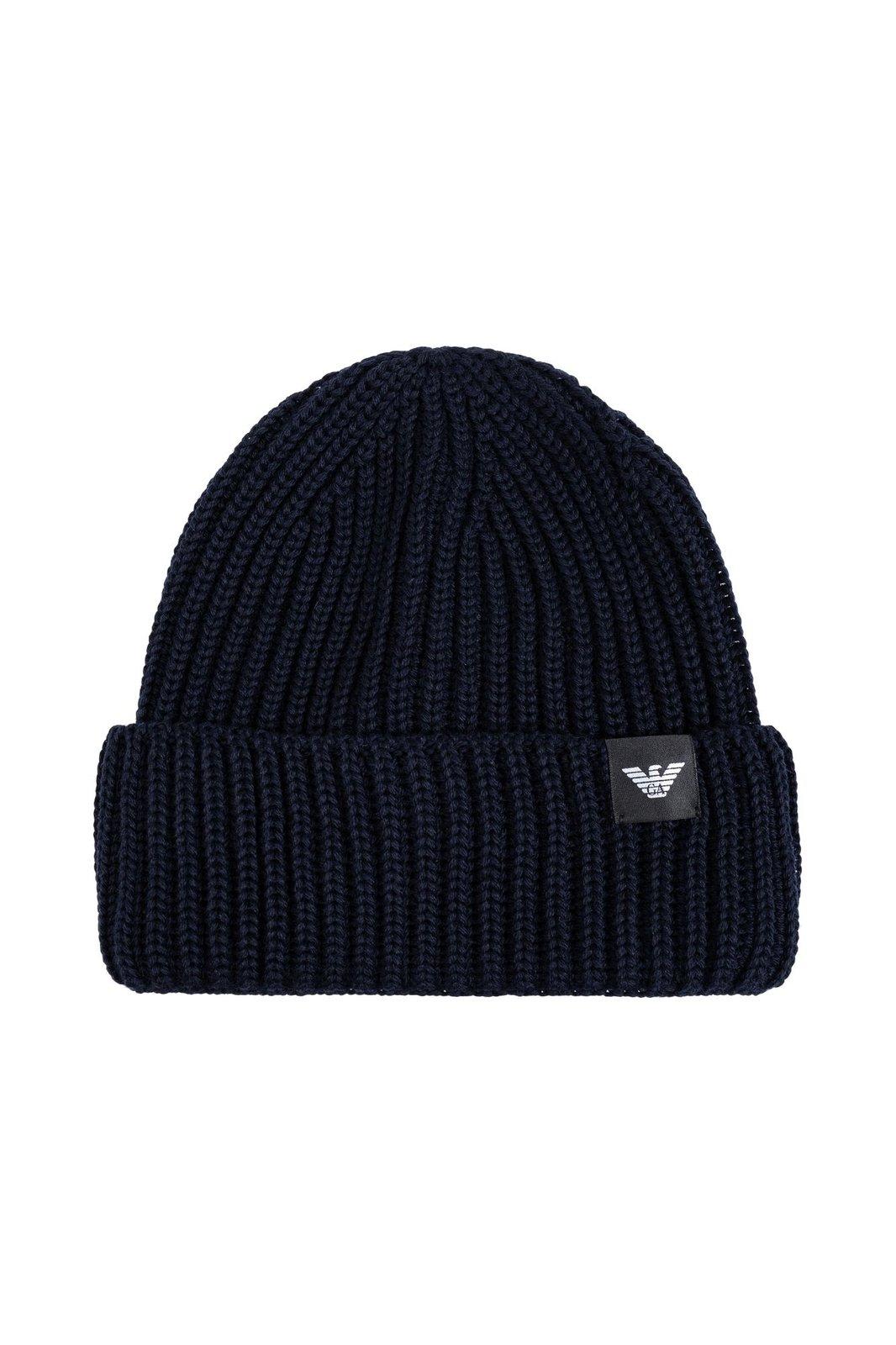 Emporio Armani Logo Patch Turn-up Brim Knitted Beanie In Blue