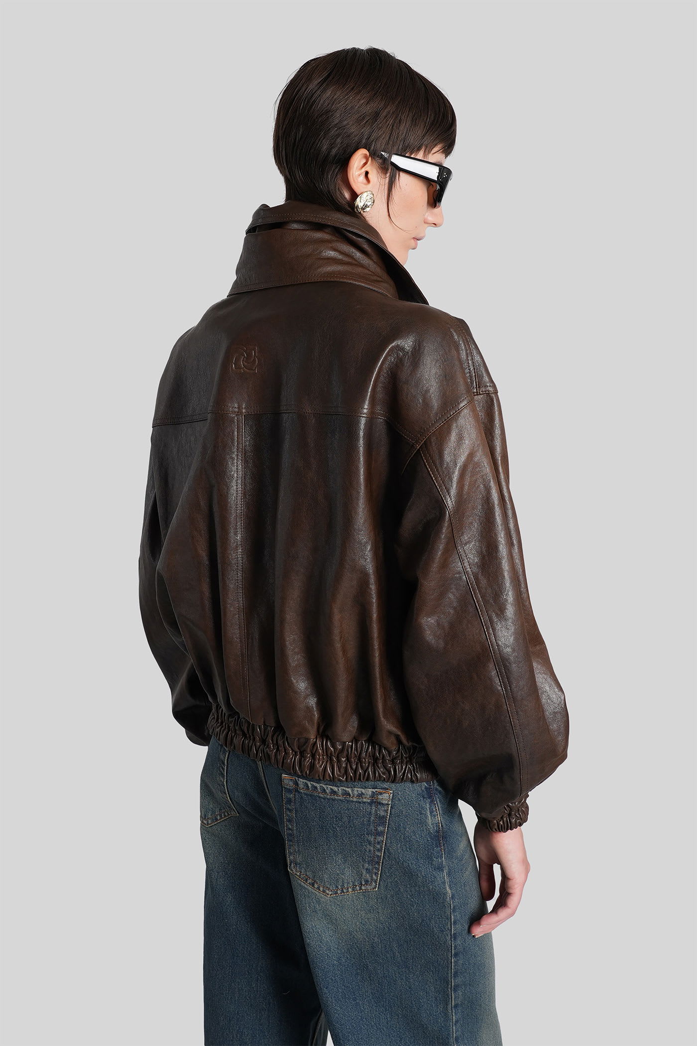 Magda Butrym Oversized High Neck Leather Jacket In Brown