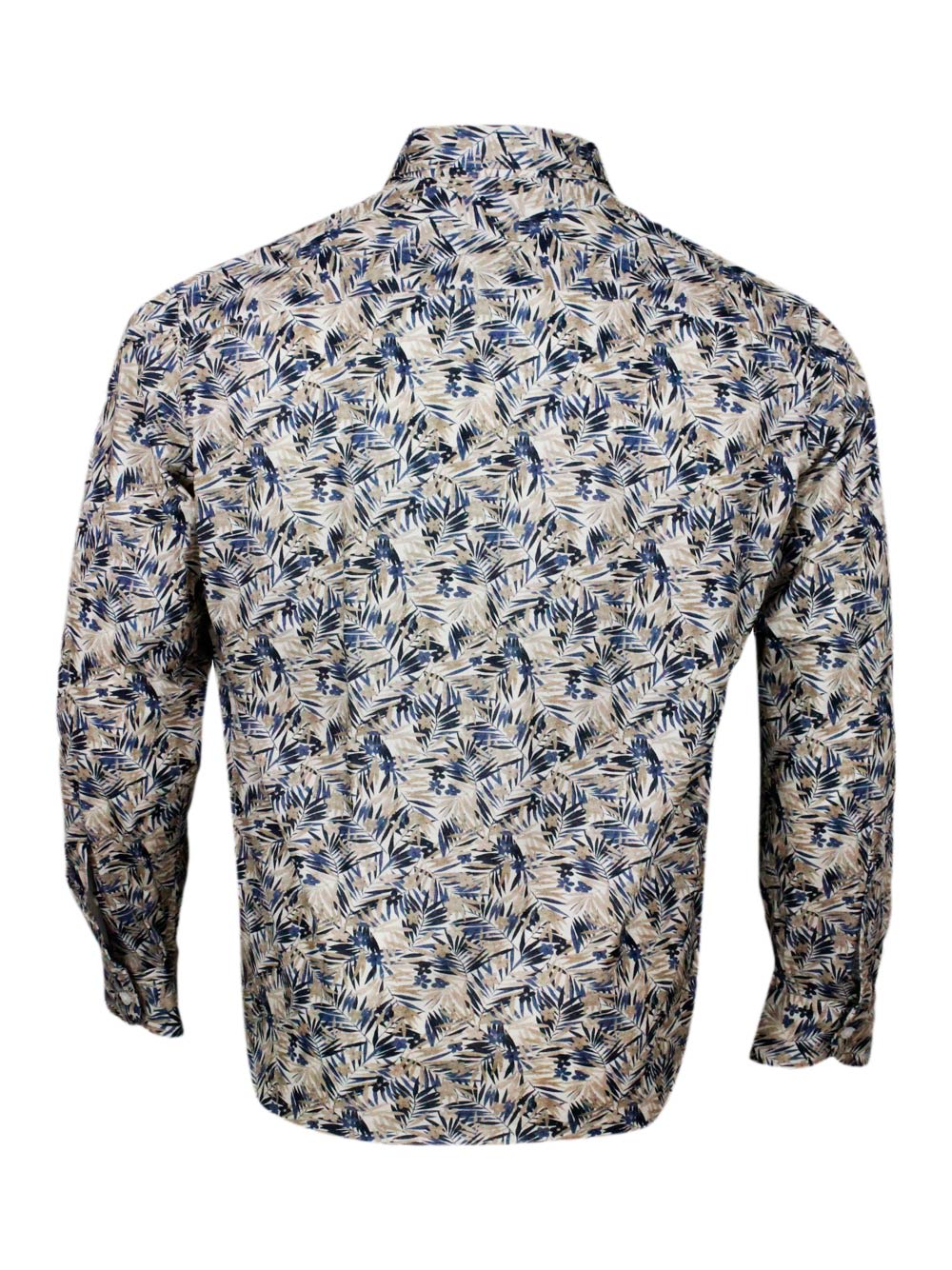 Shop Sonrisa Luxury Shirt In Soft, Precious And Very Fine Stretch Cotton Flower With Spread Collar In Fern Print In Beige