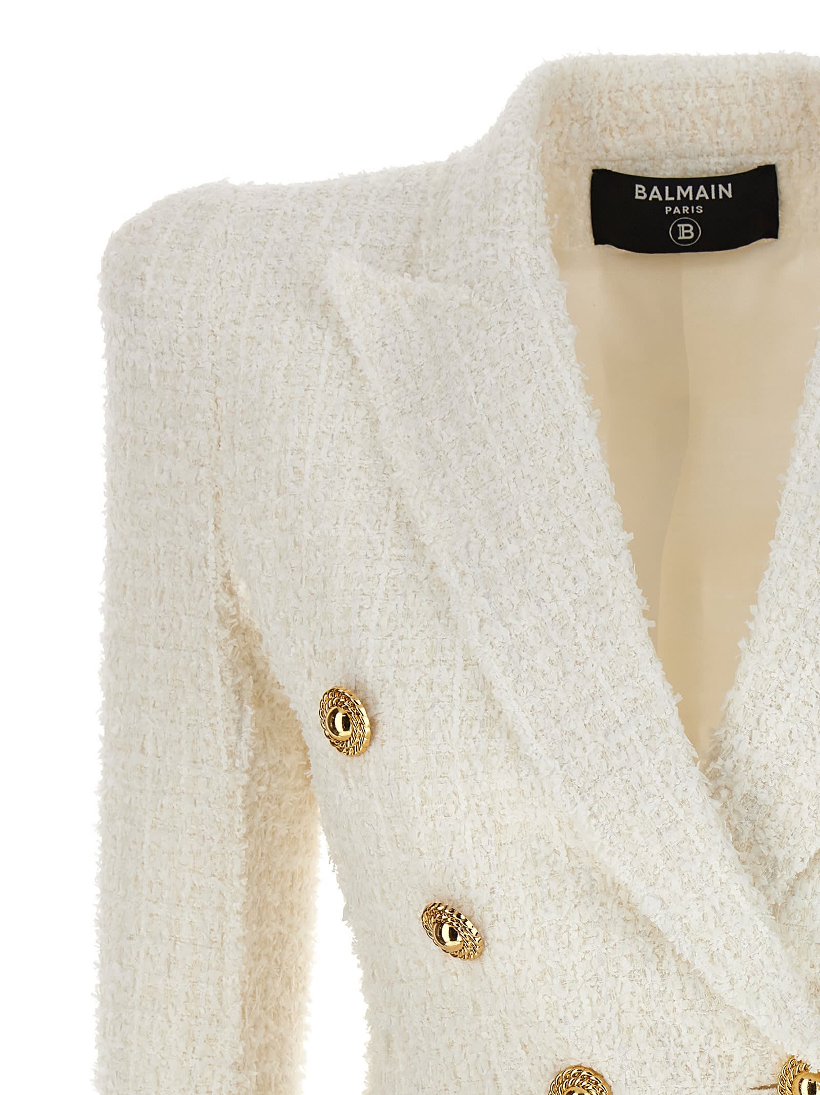 Shop Balmain Double-breasted Tweed Blazer With Logo Buttons In White