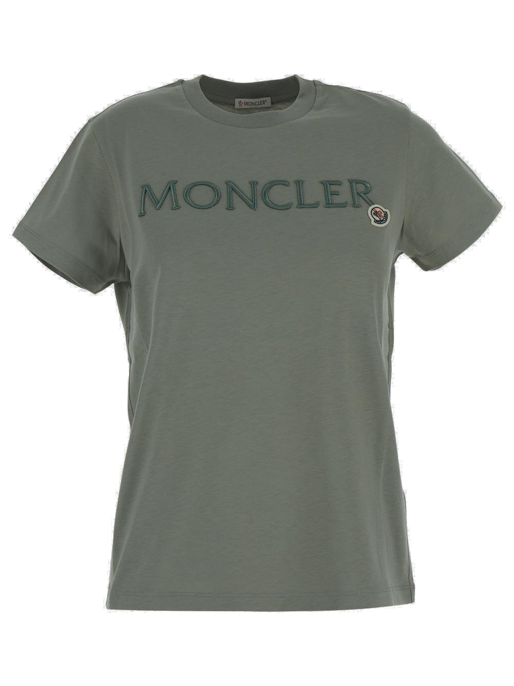 Shop Moncler Logo Embroidered Crewneck T-shirt In Green
