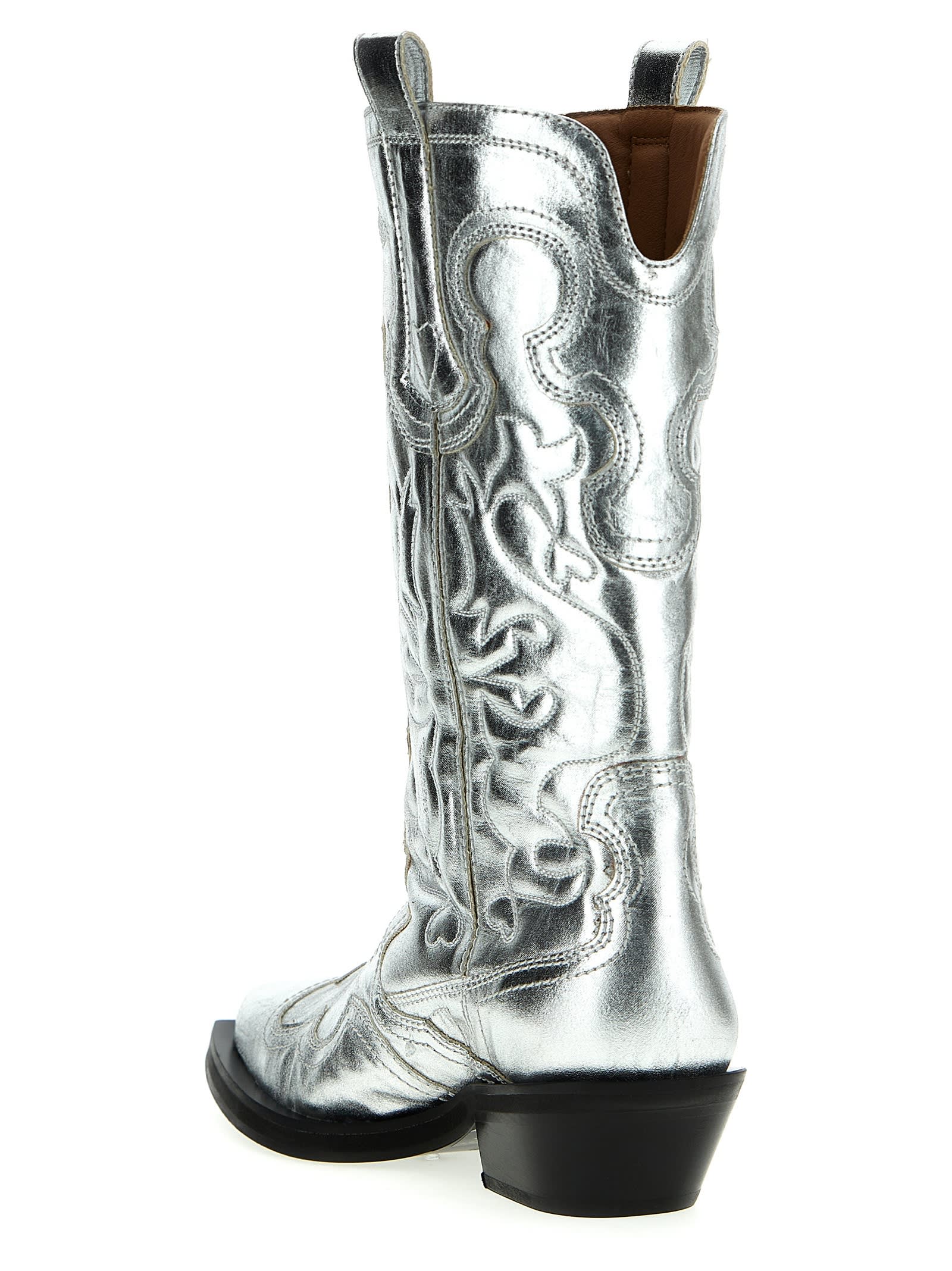 Shop Ganni Silver Mid Shaft Embroidered Western Boots