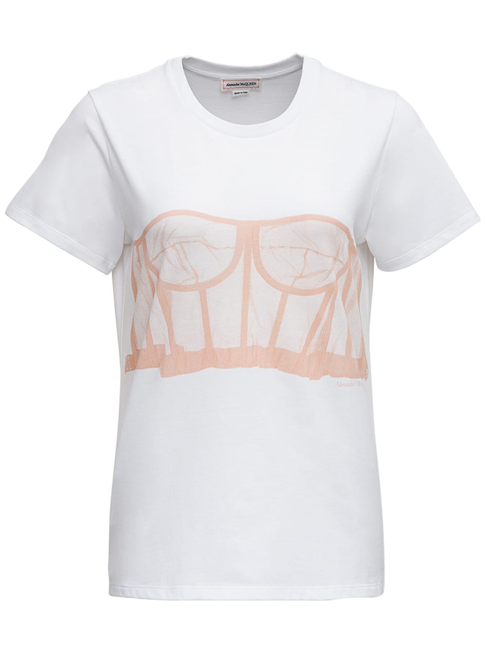 Alexander McQueen T-shirt In White And Pink Cotton With Corset Print