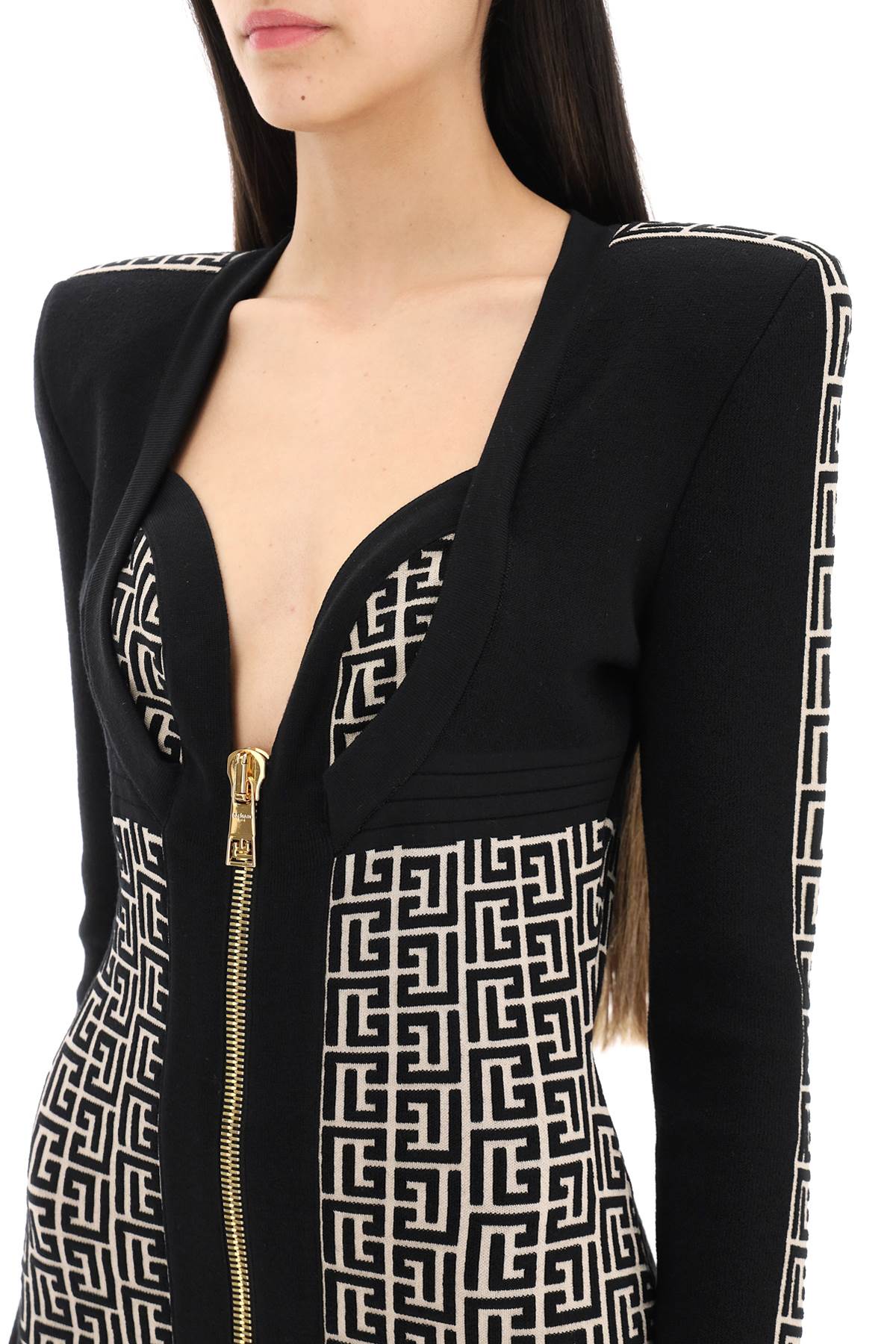 BALMAIN: dress in stretch knit with all-over monogram - Black