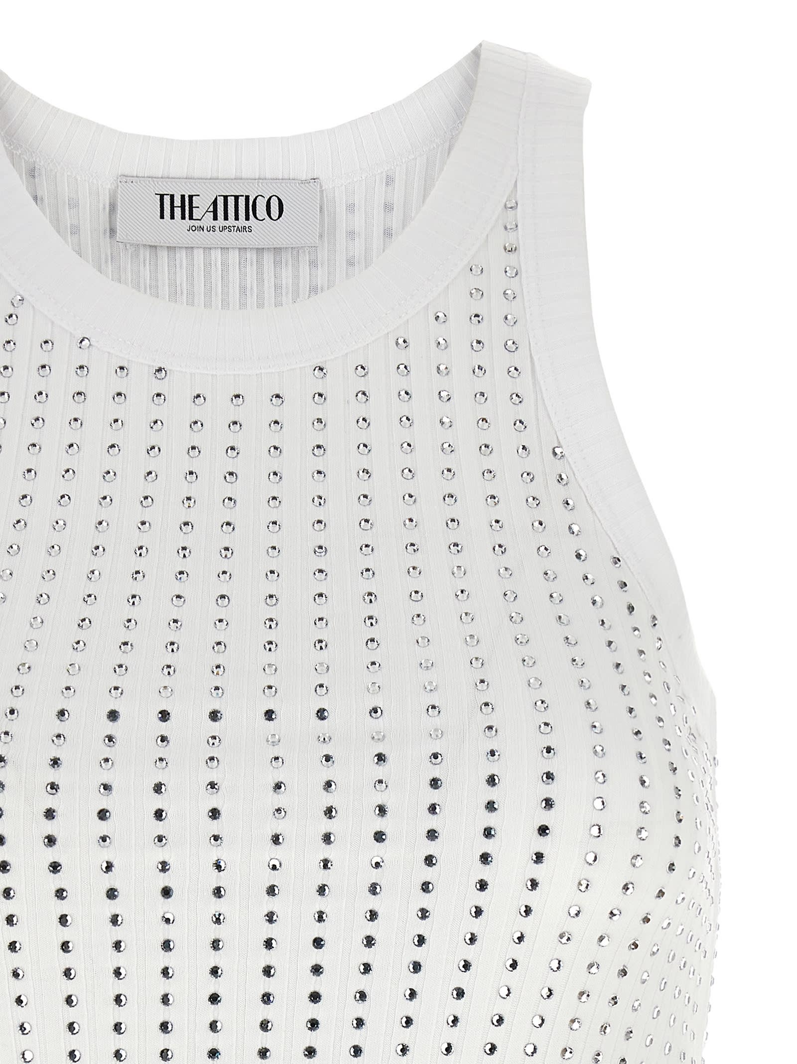 Attico White Tank Top With Multicolor Rhinestone In Jersey Woman