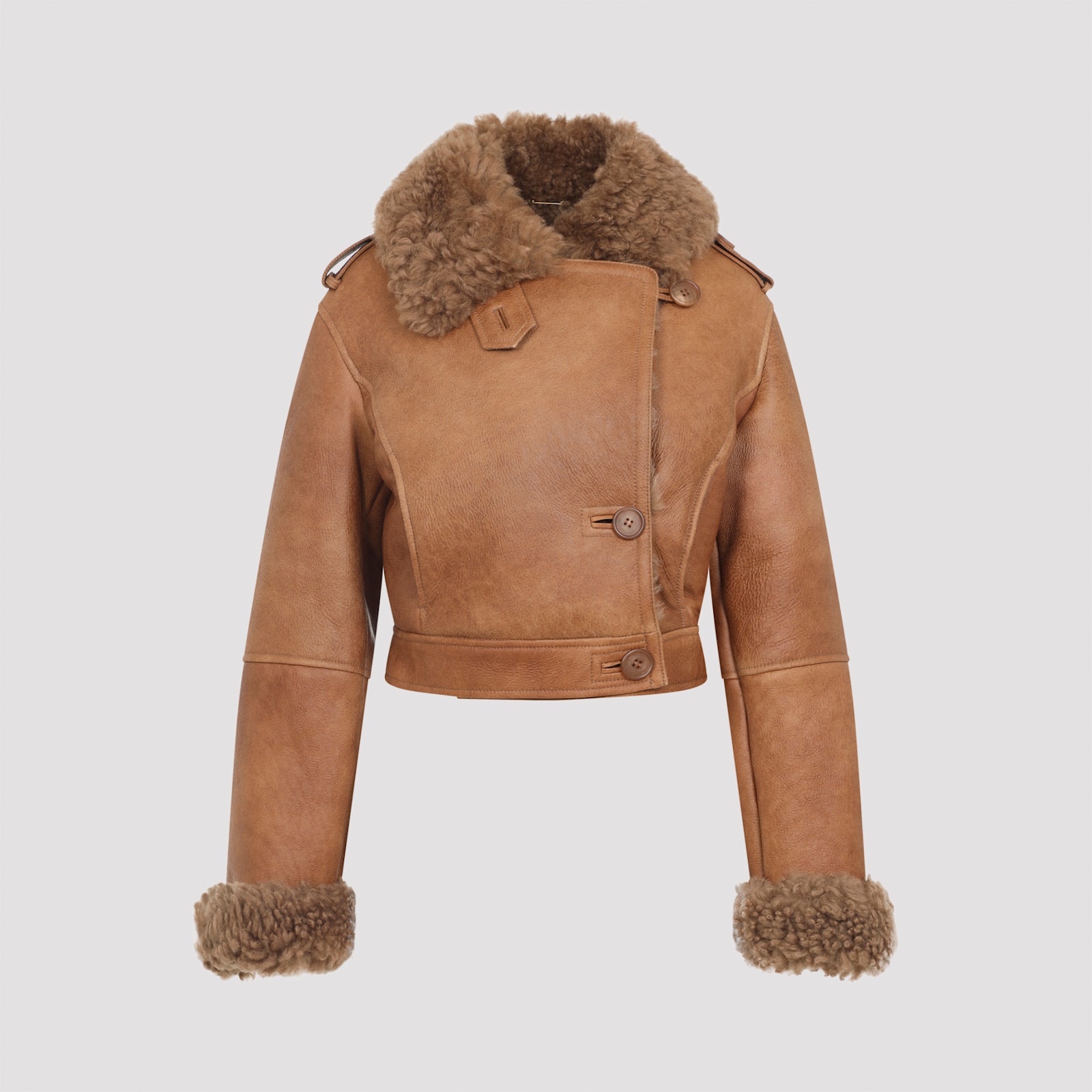 Chloé Cropped Shearling-trimmed Leather Jacket In Brown