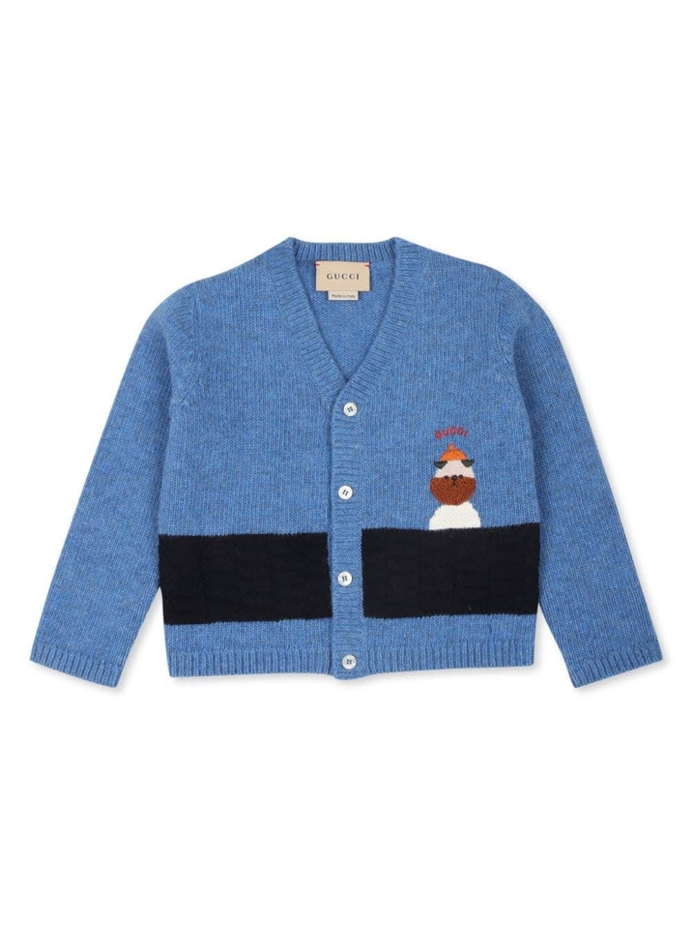 GUCCI BLUE WOOL CARDIGAN WITH EMBROIDERY 