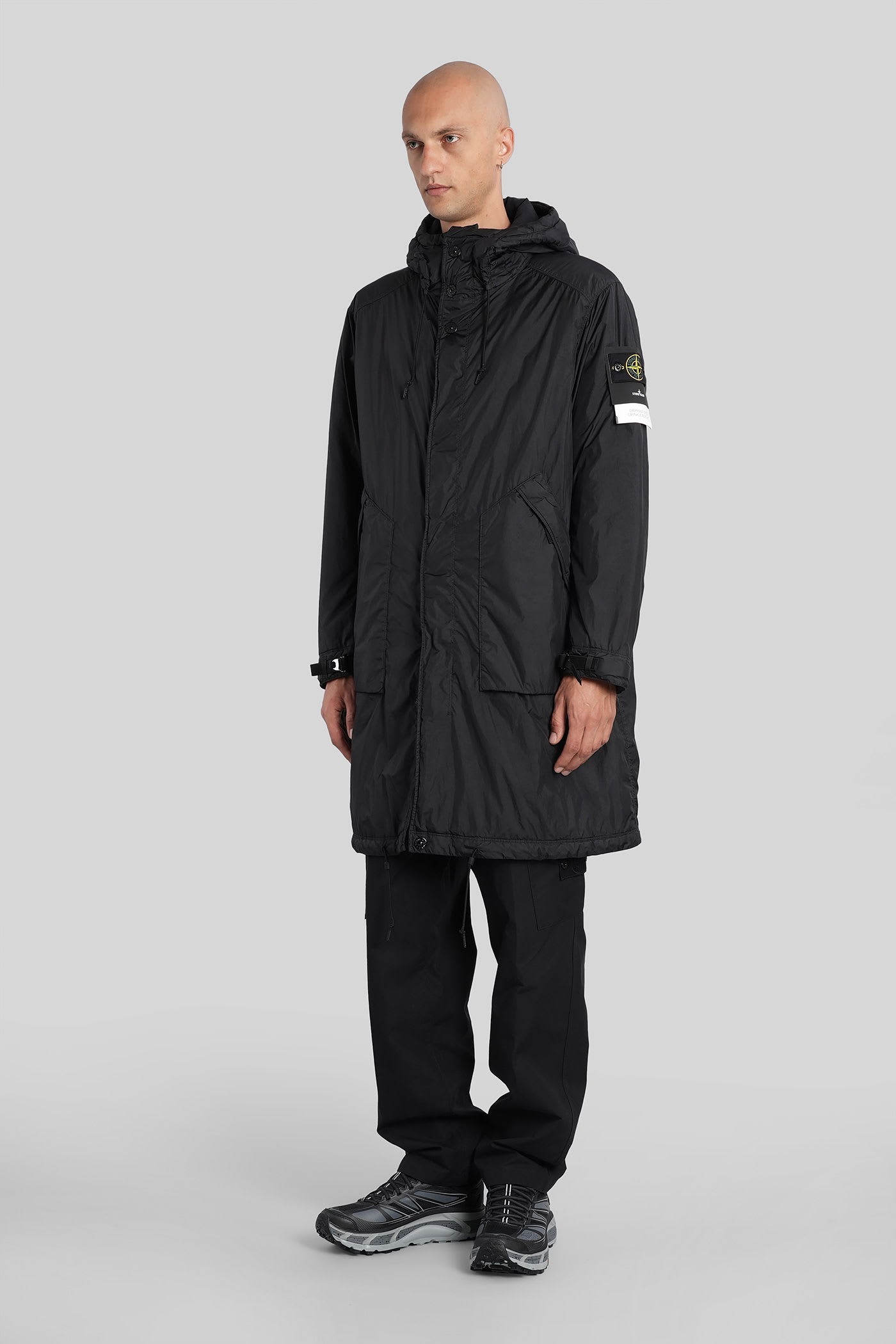 Stone Island Long Down Jacket In Black