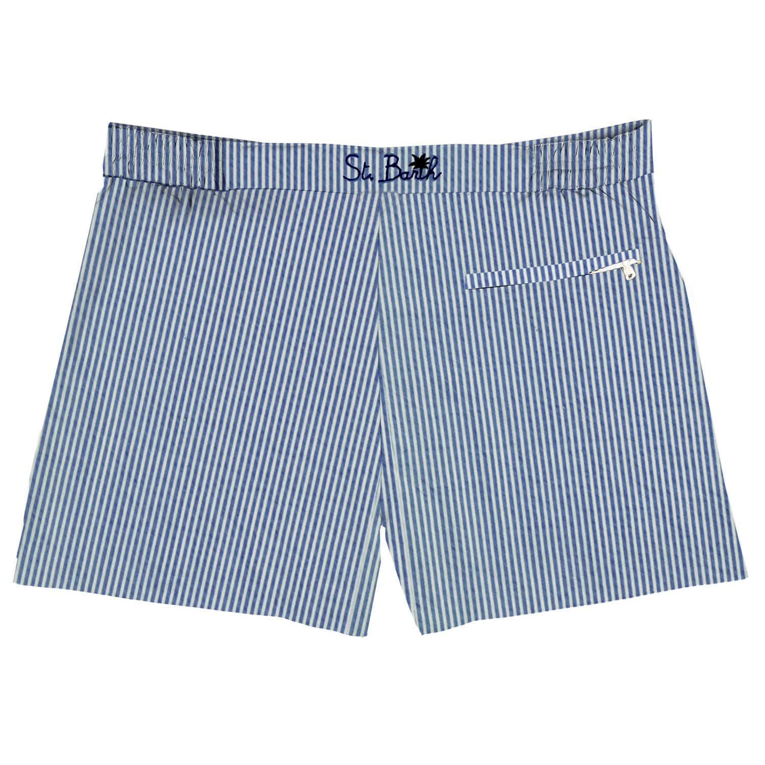 MC2 SAINT BARTH BLUE STRIPES SWIM SHORTS WITH BUTTON FRONT FASTENING