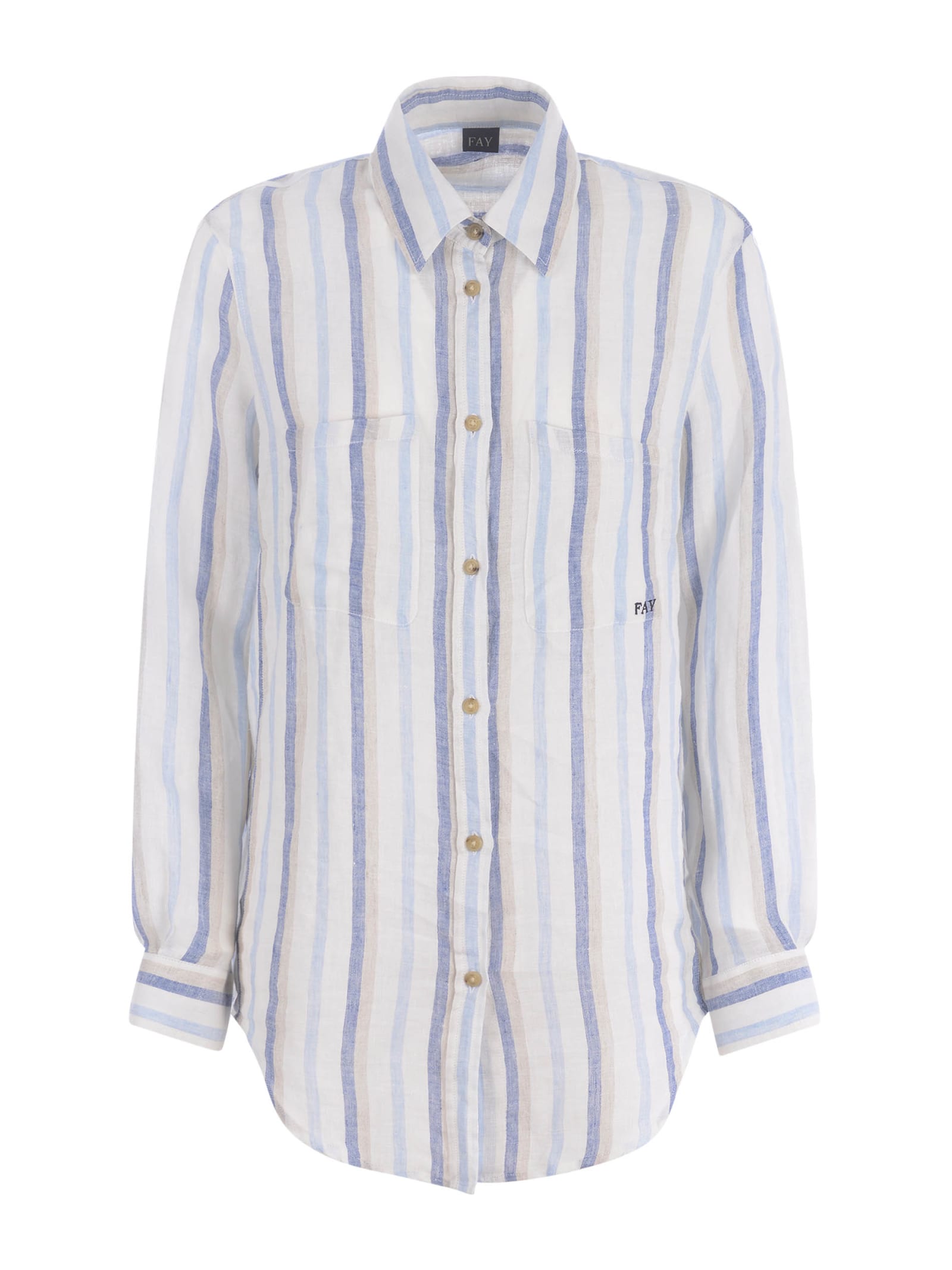Shop Fay Shirt  In Linen In Bianco/celeste