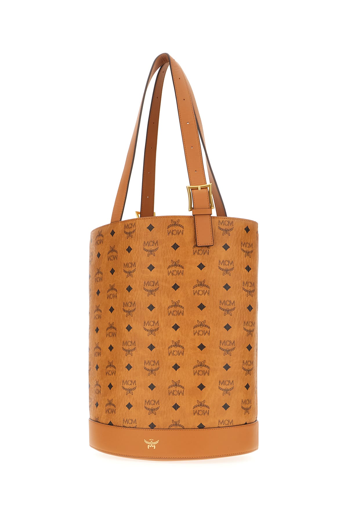 Shop Mcm Printed Synthetic Leather Shoulder Bag In Cognac