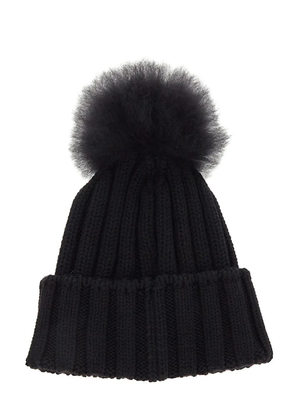 Woolrich Beanie Cashmere Pom Pom Wool Cap In Black