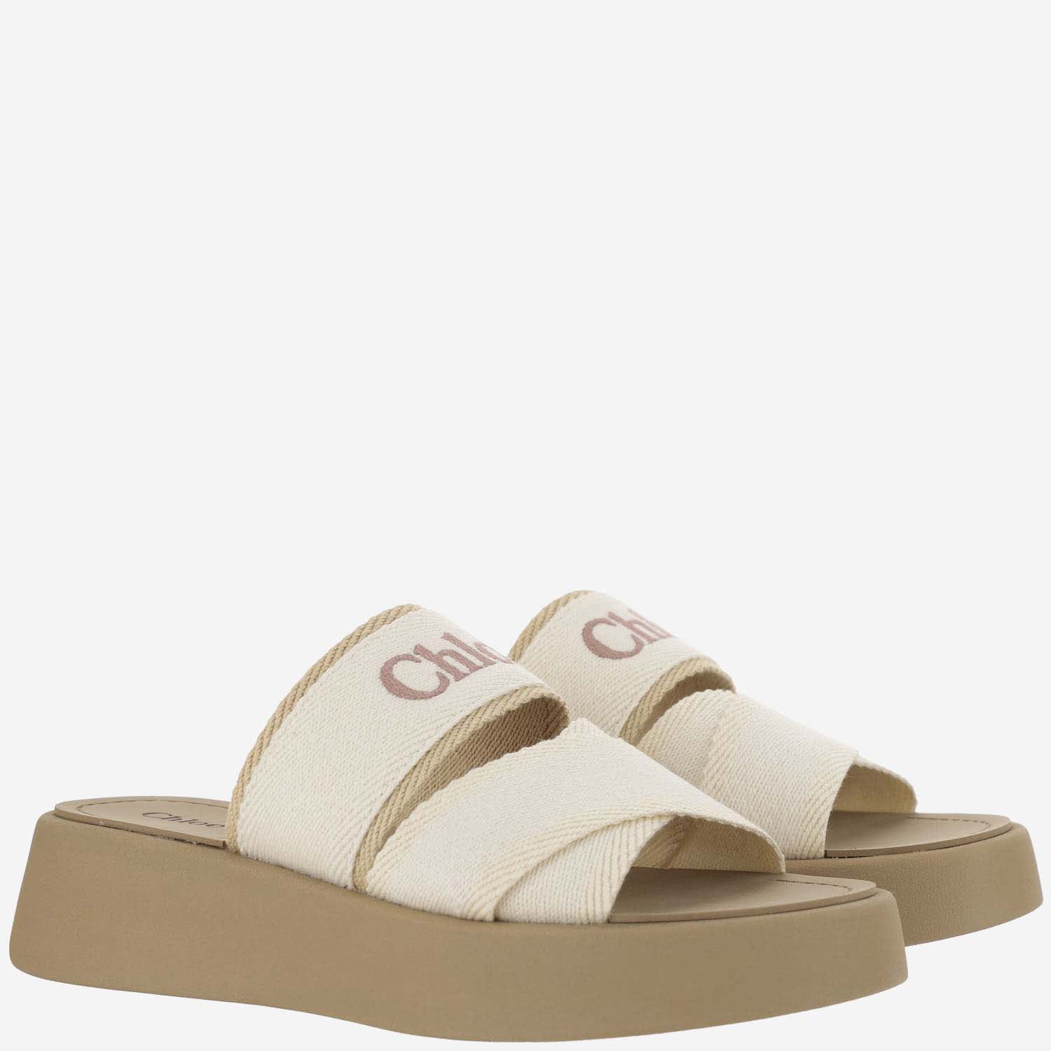 Shop Chloé Canvas Sandals With Logo In Beige/white