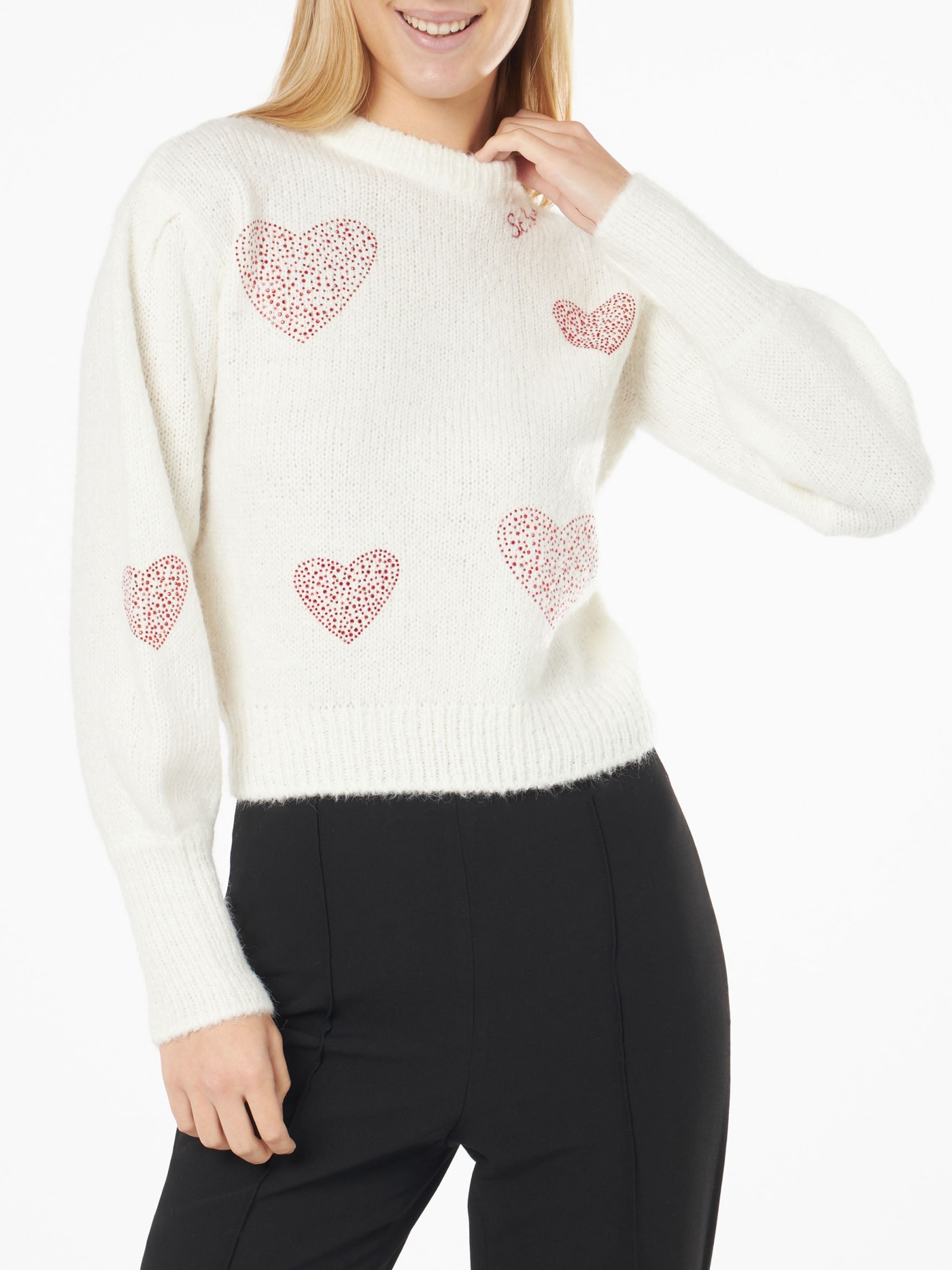 Shop Mc2 Saint Barth Woman Brushed White Sweater With Rhinestones Hearts