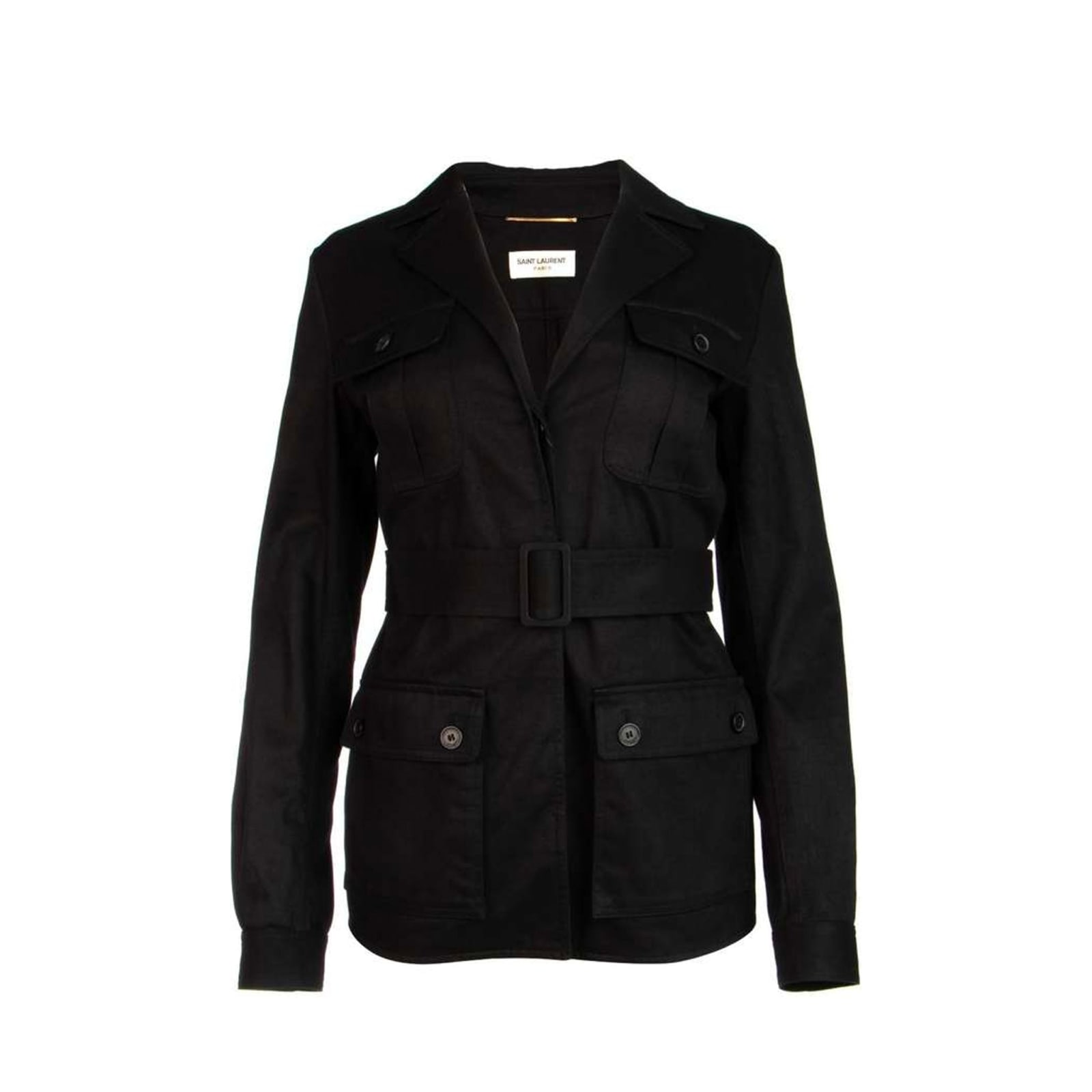 Shop Saint Laurent Belted Flap Pocket Jacket In Black