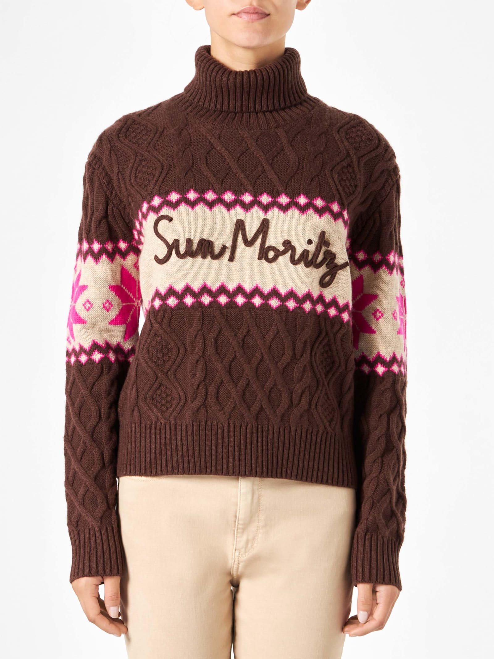 Mc2 Saint Barth Woman Half-turtleneck Sweater With Sun Moritz Lettering In Brown