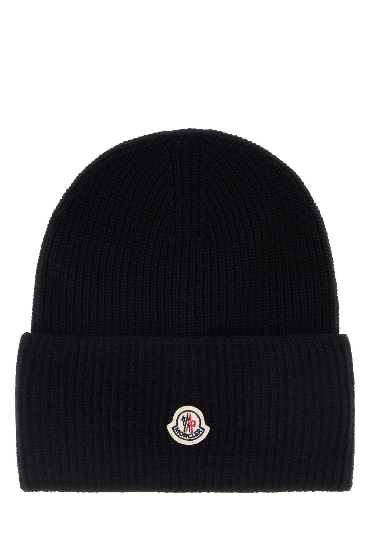 Moncler Ribbed Knit Carded Wool Beanie With Felt Logo Patch In Black