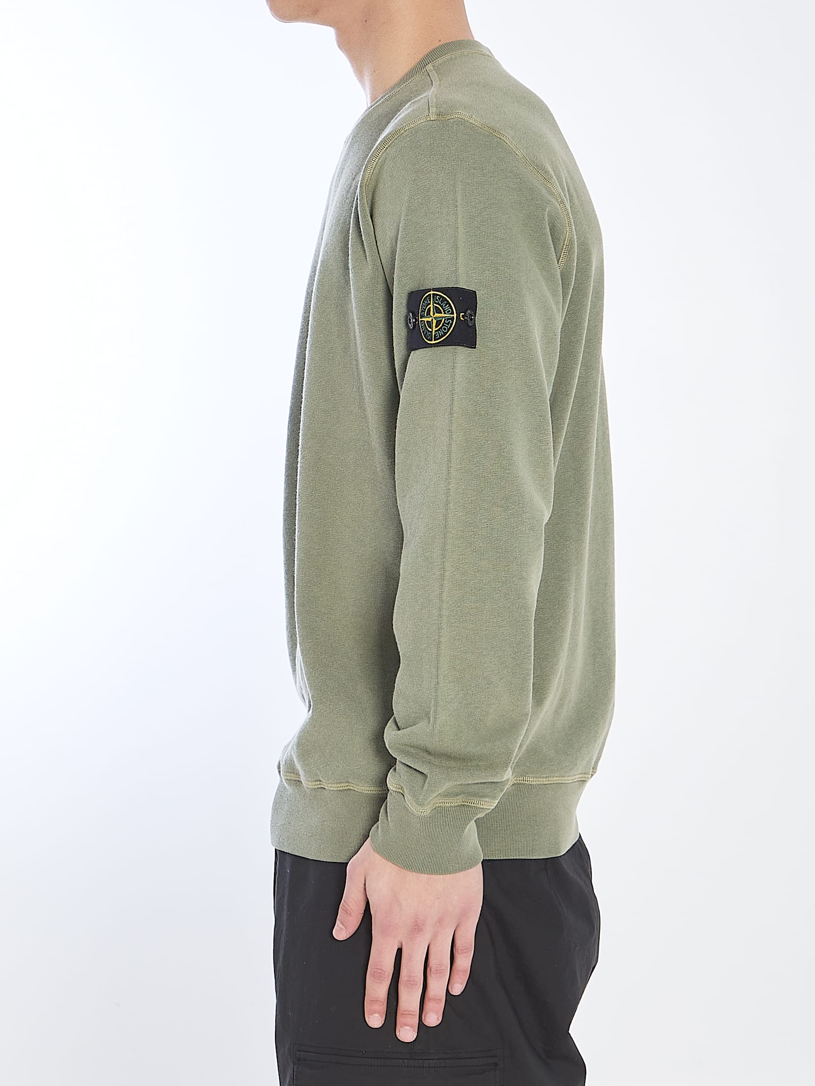 Stone Island Green Crewneck Sweatshirt With Logo Patch On The Sleeve In Cotton Man In Green