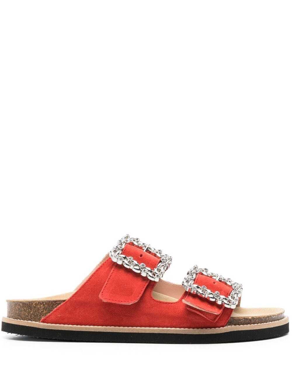 POLLINI SLIDES WITH CRYSTAL BUCKLE IN RED LEATHER WOMAN